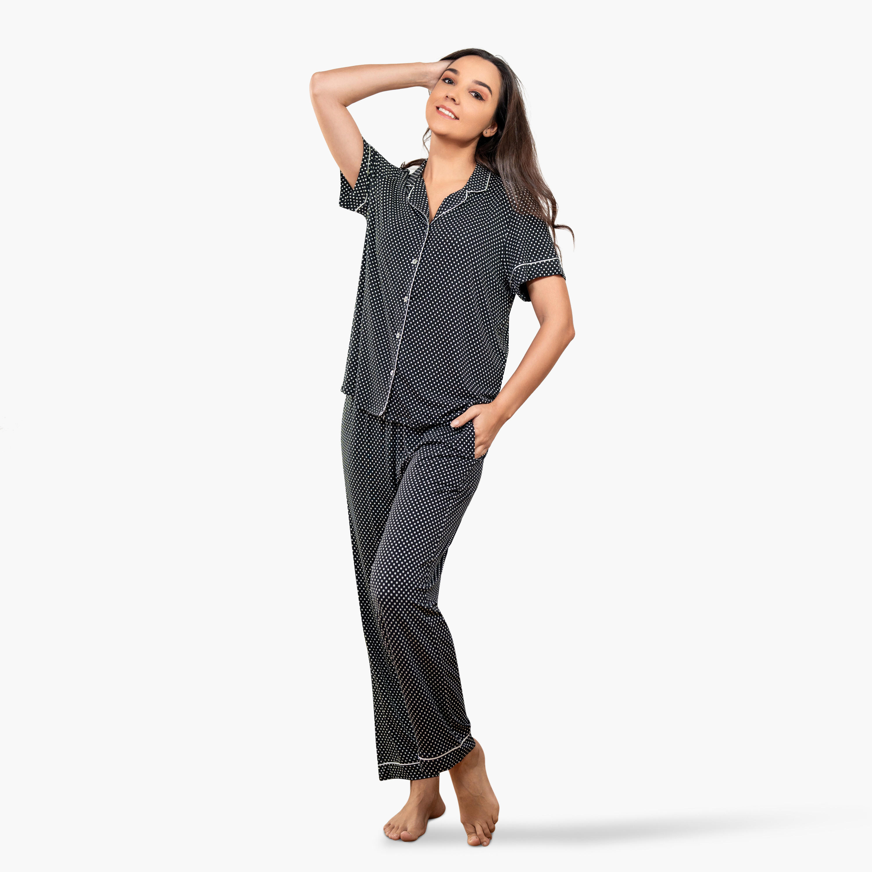 Aadaraya Polka Dot Print Collared Shirt and Pyjama Set-women-clothing-nightwear-pyjamas-longsets-image-1