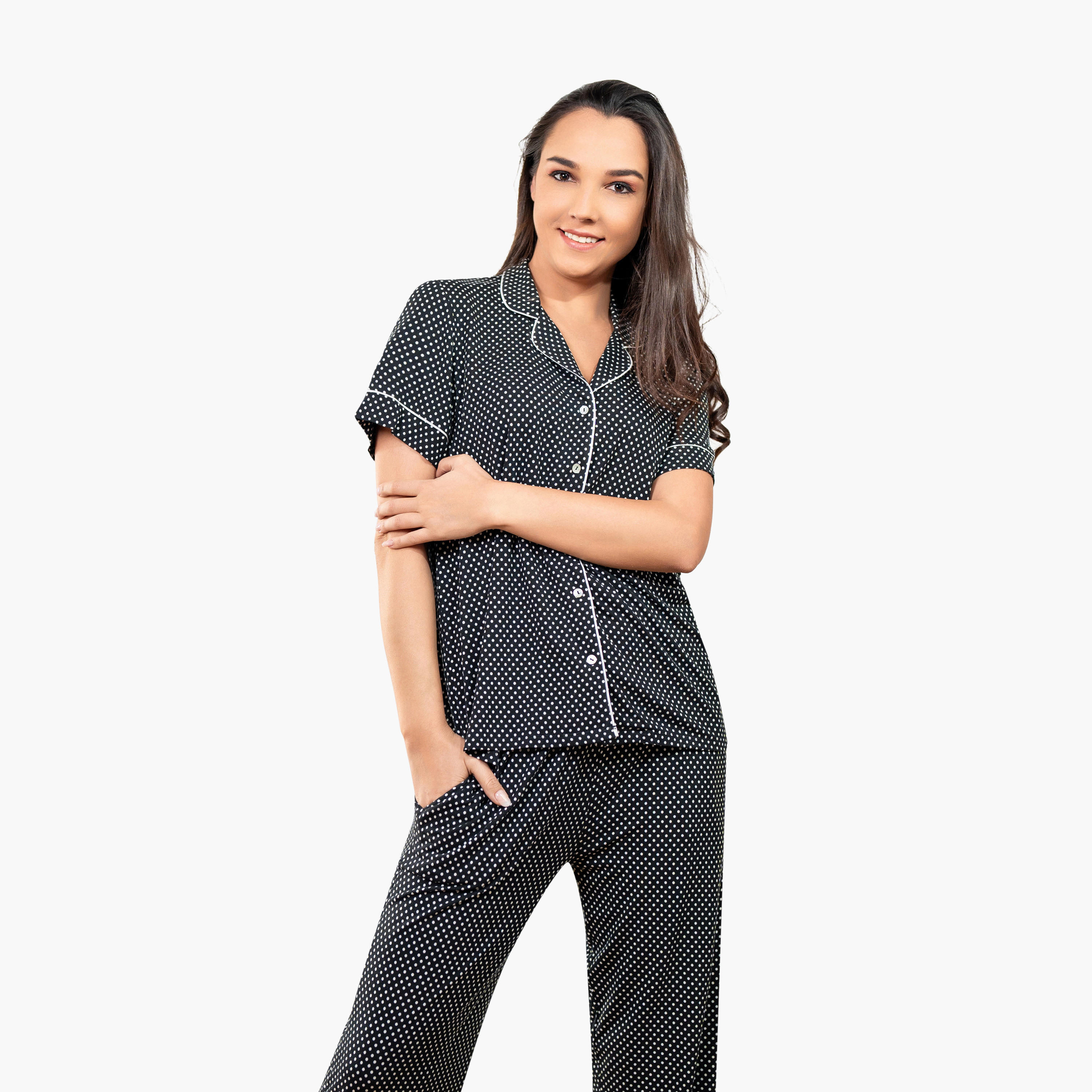 Aadaraya Polka Dot Print Collared Shirt and Pyjama Set-women-clothing-nightwear-pyjamas-longsets-image-2