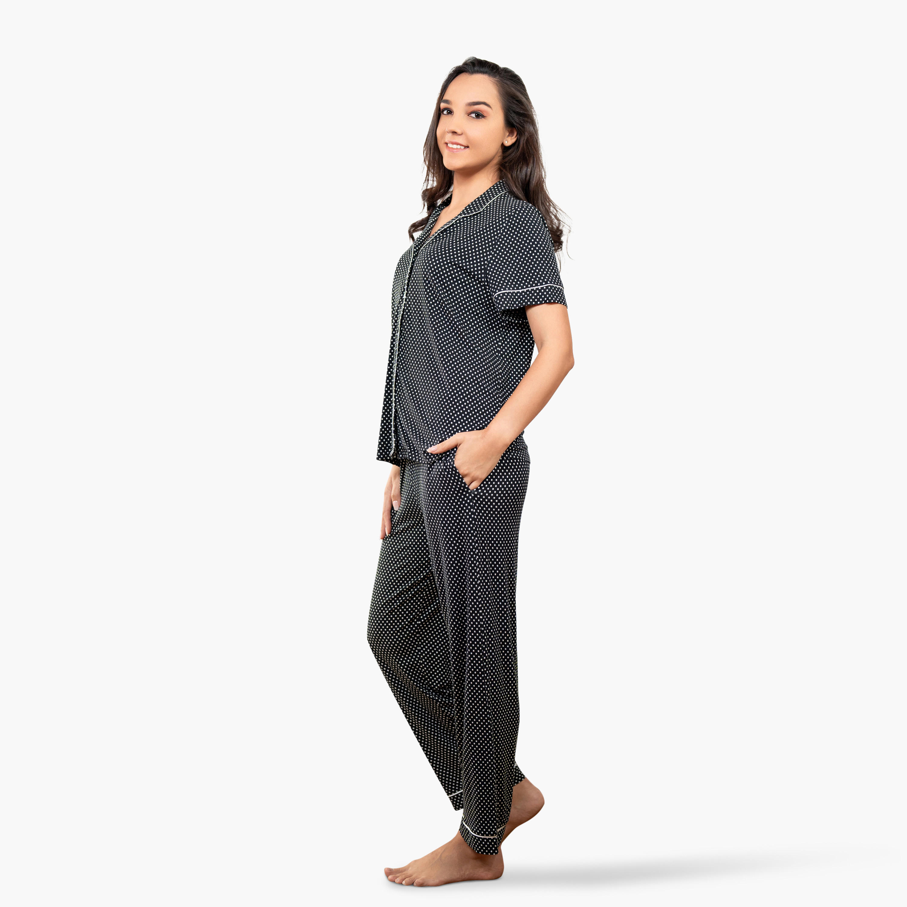 Aadaraya Polka Dot Print Collared Shirt and Pyjama Set-women-clothing-nightwear-pyjamas-longsets-image-3