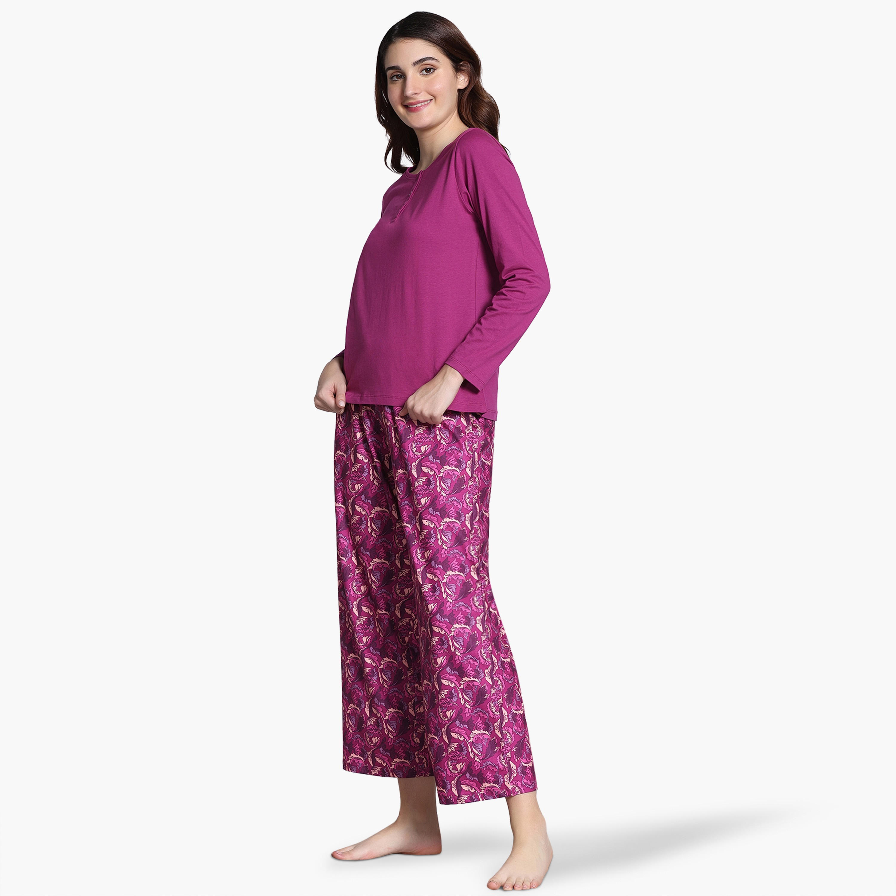 طقم بيجاما بطبعات أوراق شجر من زيفامي-women-clothing-nightwear-pyjamas-longsets-image-8