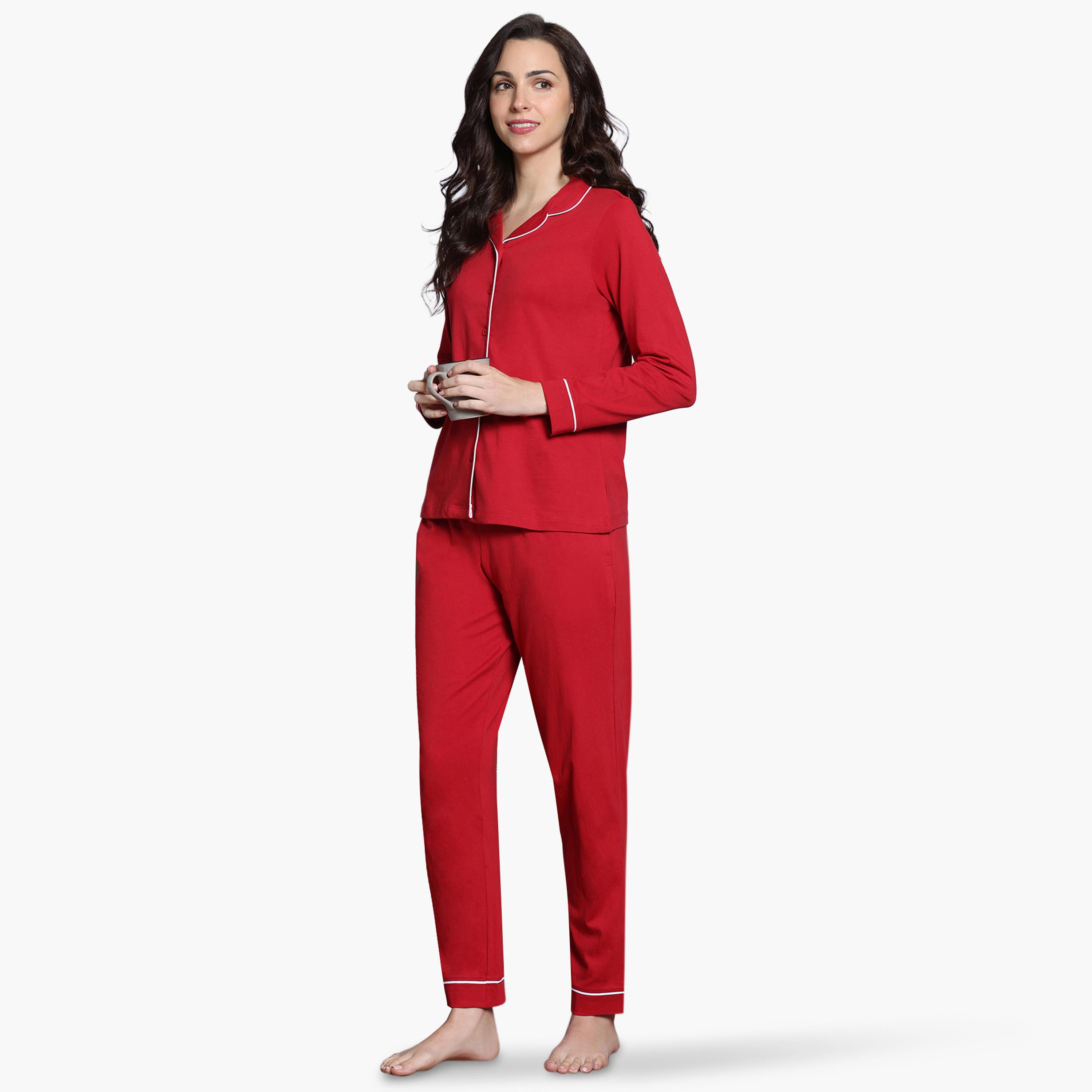 طقم بيجاما بتفاصيل خيوط بارزة من زيفامي-women-clothing-nightwear-pyjamas-longsets-image-4