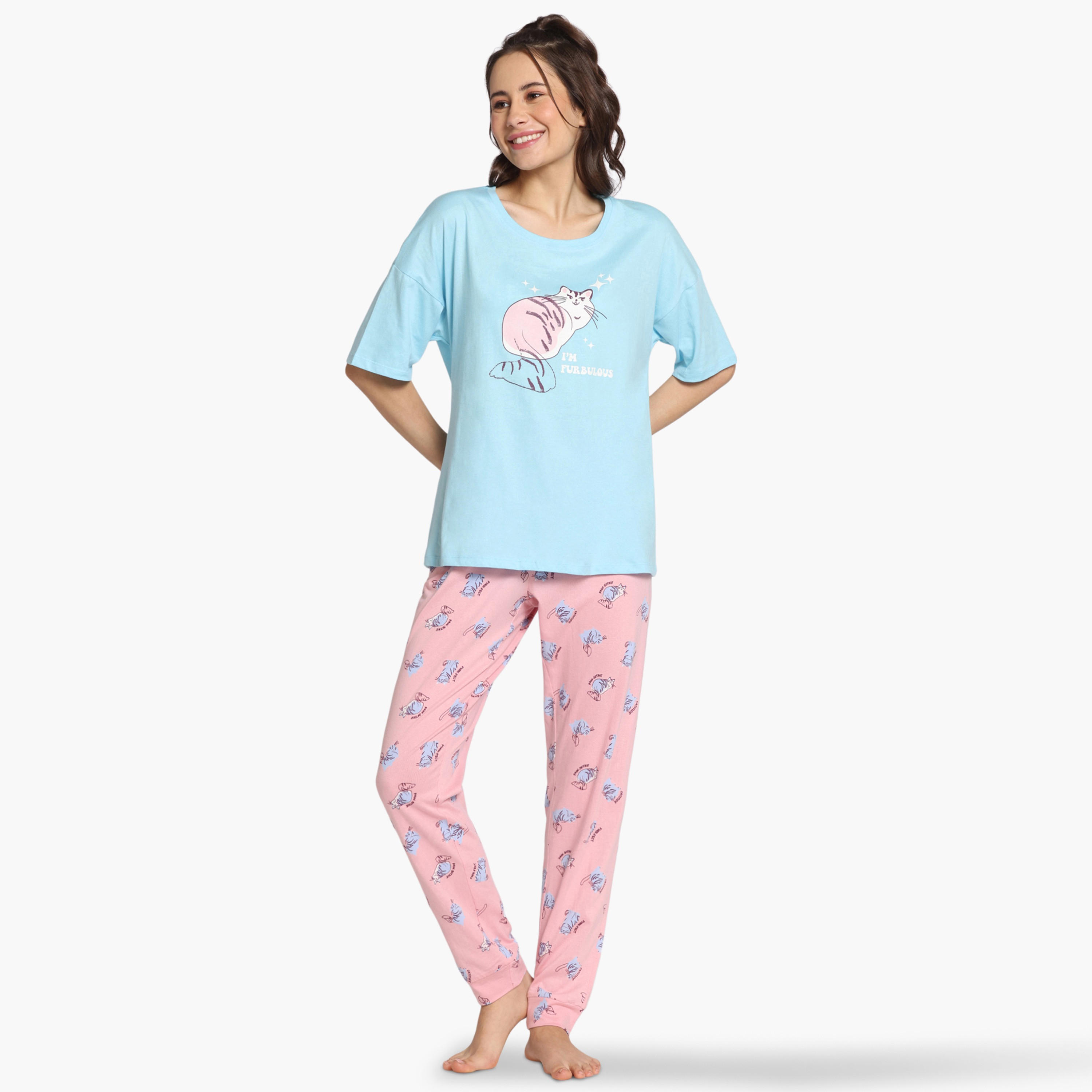 طقم بيجاما بطبعات قطة من زيفامي-women-clothing-nightwear-pyjamas-longsets-image-1