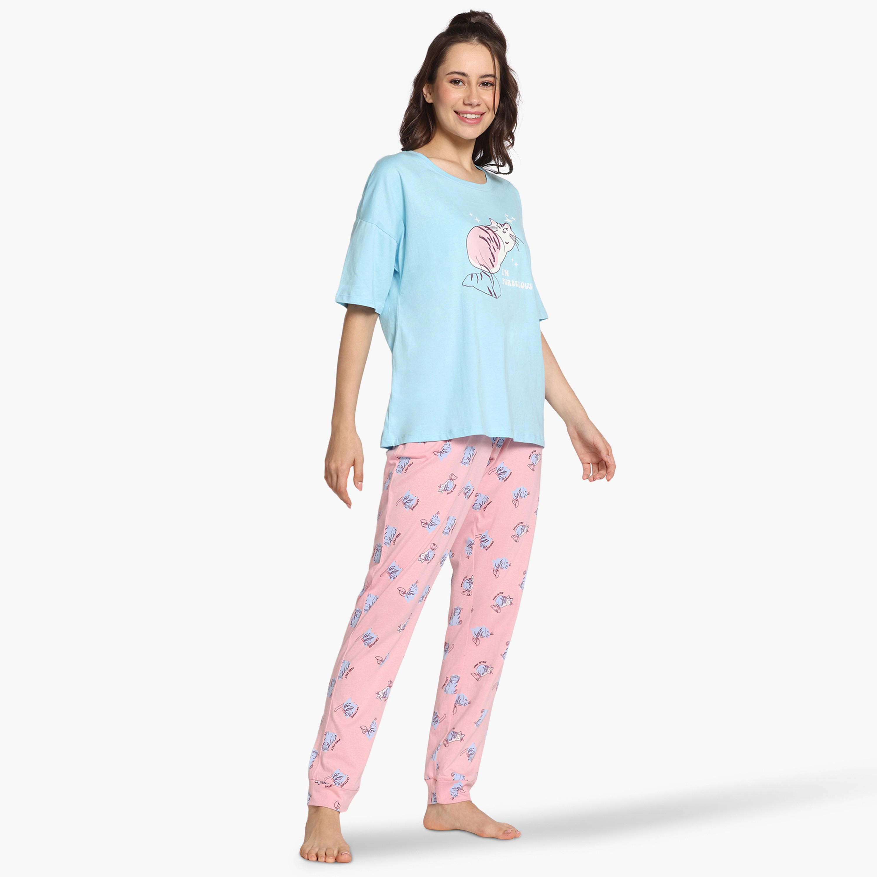 طقم بيجاما بطبعات قطة من زيفامي-women-clothing-nightwear-pyjamas-longsets-image-2