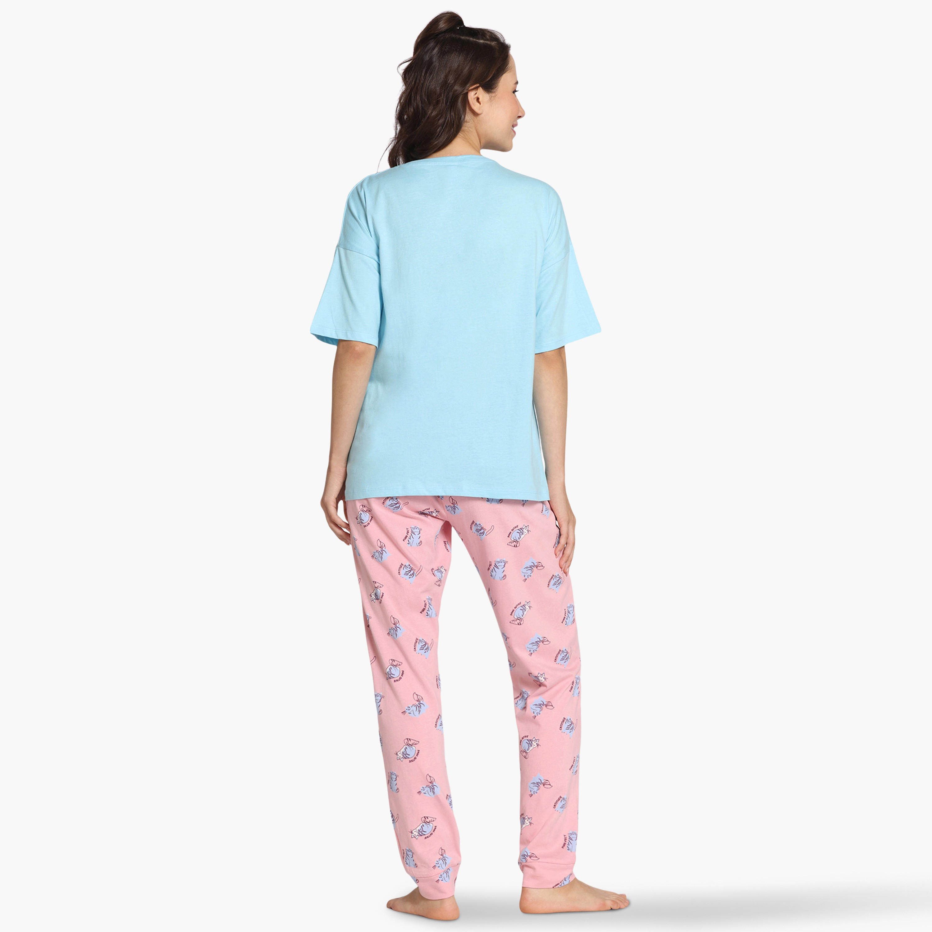 طقم بيجاما بطبعات قطة من زيفامي-women-clothing-nightwear-pyjamas-longsets-image-3