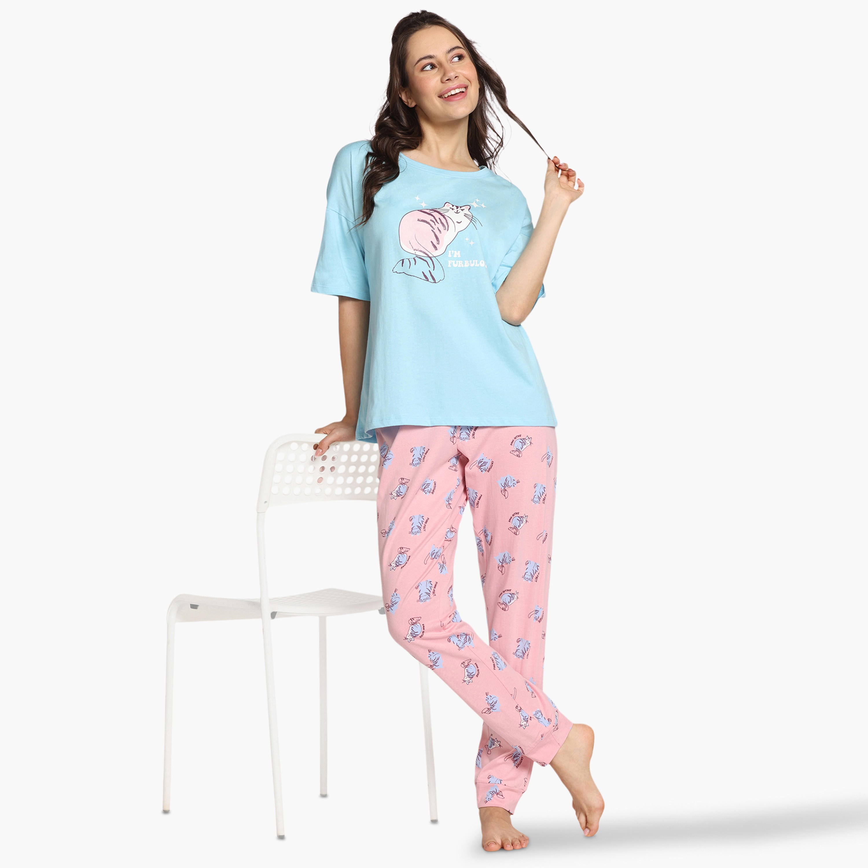 طقم بيجاما بطبعات قطة من زيفامي-women-clothing-nightwear-pyjamas-longsets-image-4