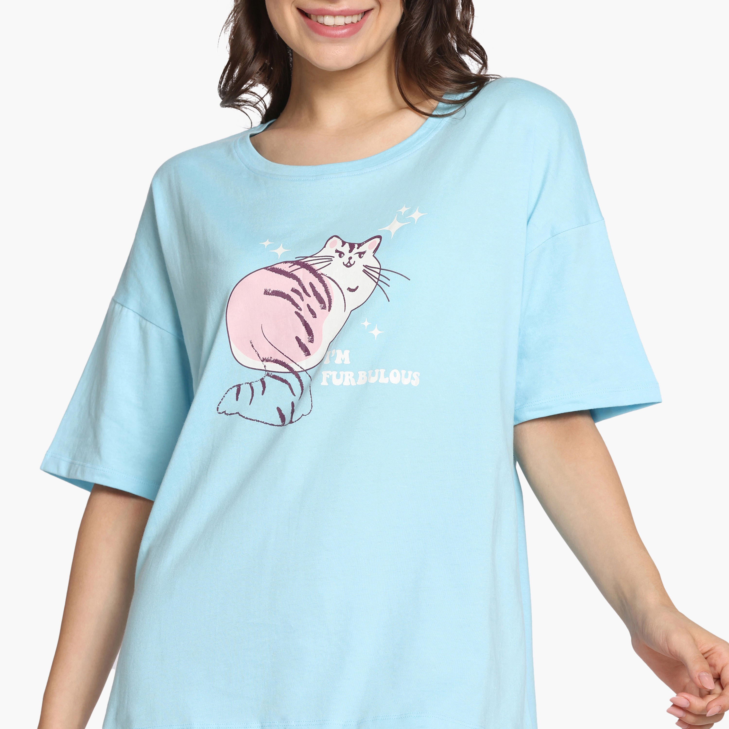 طقم بيجاما بطبعات قطة من زيفامي-women-clothing-nightwear-pyjamas-longsets-image-5