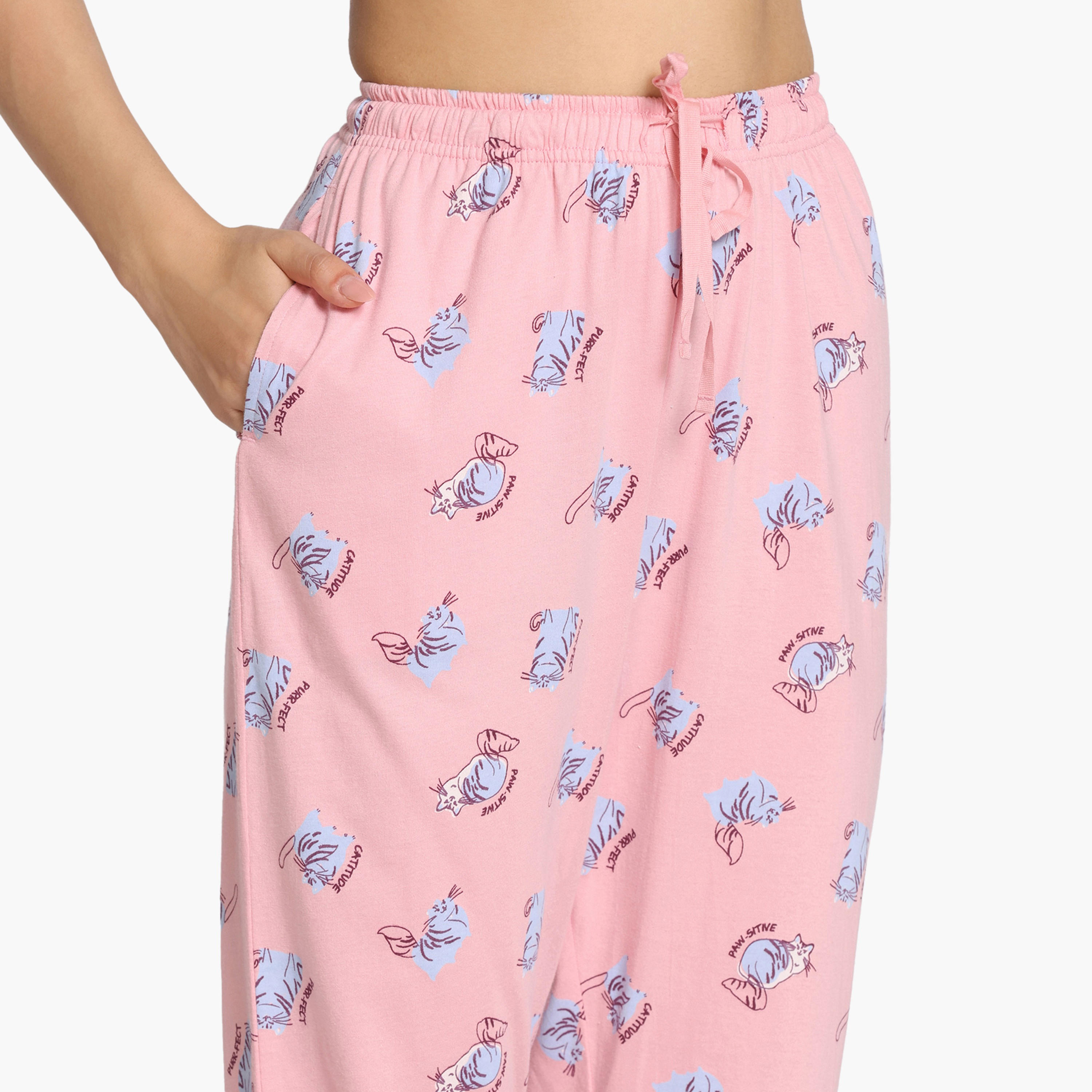 طقم بيجاما بطبعات قطة من زيفامي-women-clothing-nightwear-pyjamas-longsets-image-6