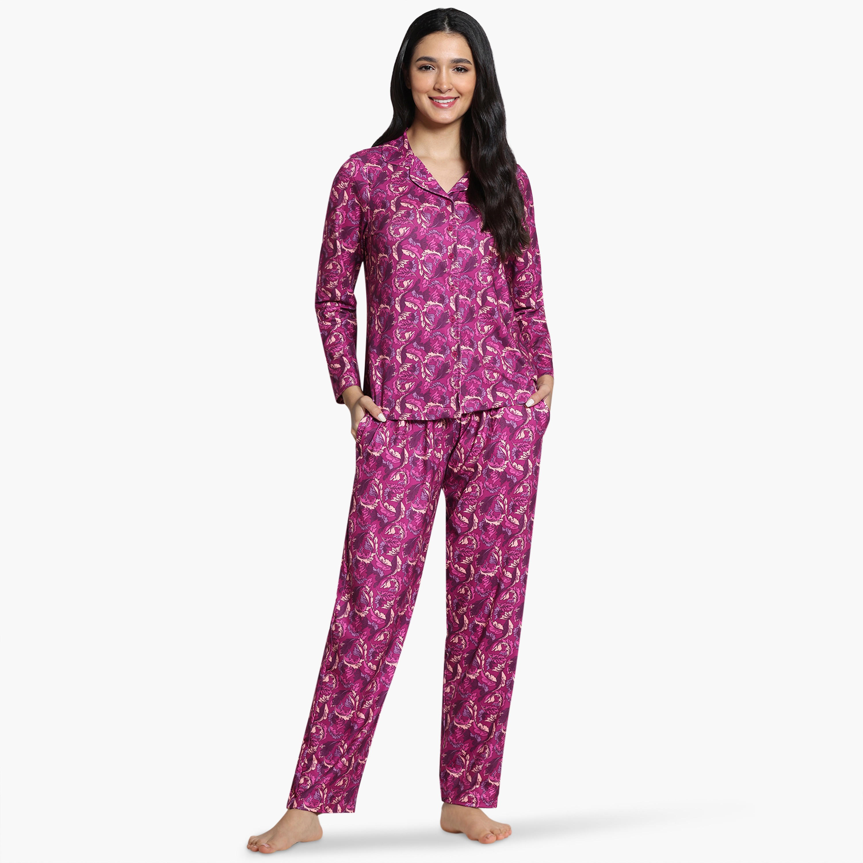 طقم بيجاما بطبعات أوراق شجر من زيفامي-women-clothing-nightwear-pyjamas-longsets-image-1