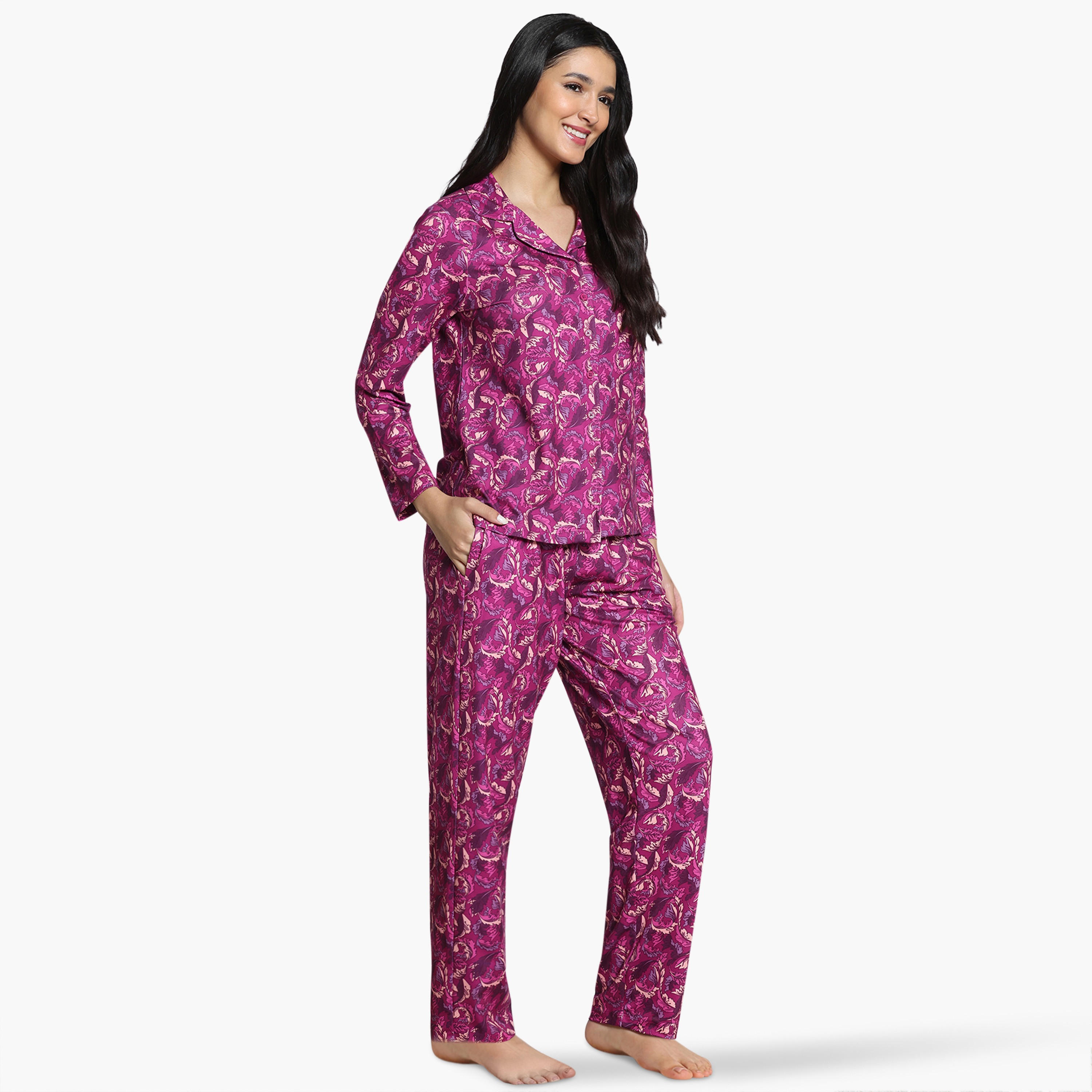 طقم بيجاما بطبعات أوراق شجر من زيفامي-women-clothing-nightwear-pyjamas-longsets-image-2