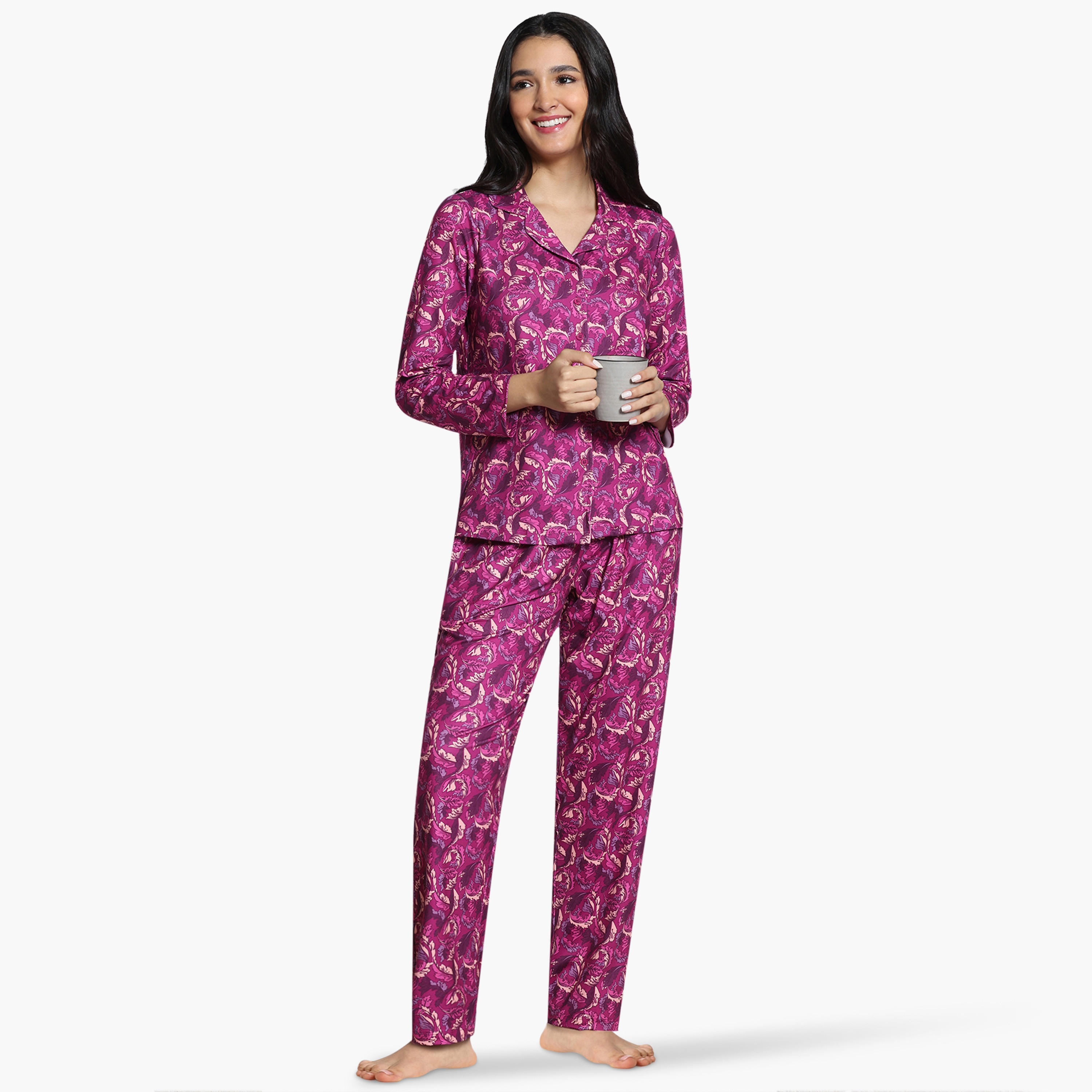 طقم بيجاما بطبعات أوراق شجر من زيفامي-women-clothing-nightwear-pyjamas-longsets-image-4