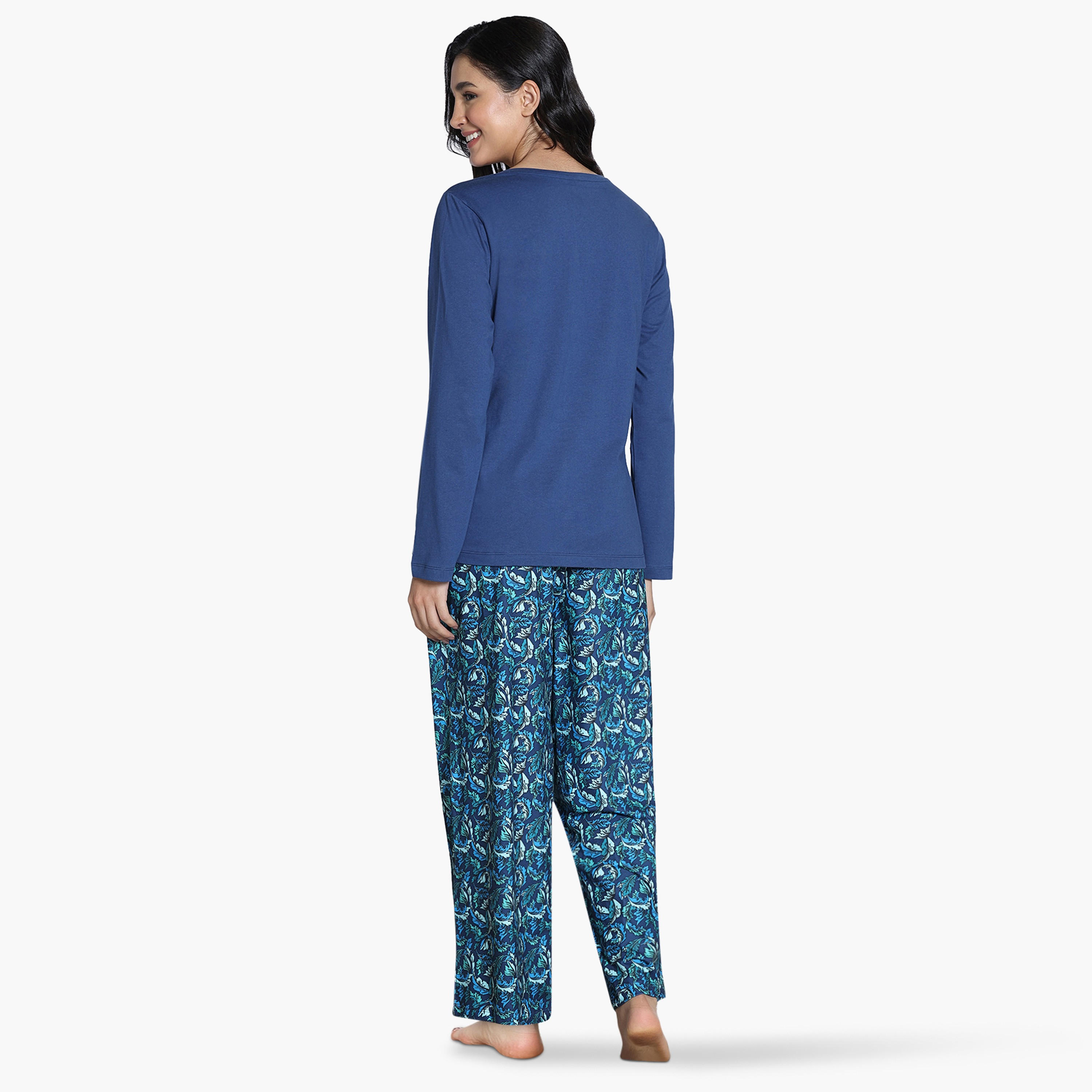 طقم بيجاما بطبعات أوراق شجر من زيفامي-women-clothing-nightwear-pyjamas-longsets-image-3