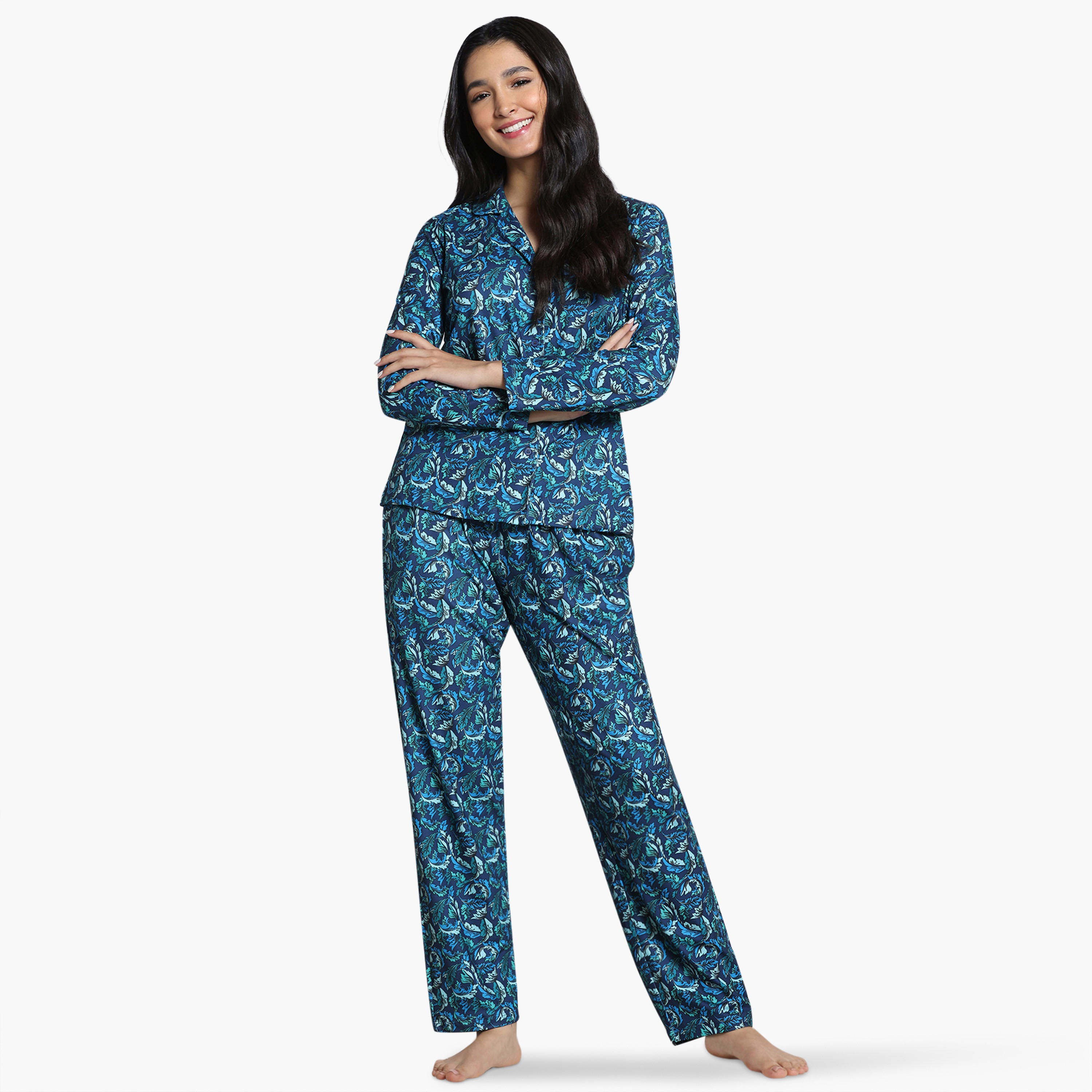 طقم بيجاما بطبعات أوراق شجر من زيفامي-women-clothing-nightwear-pyjamas-longsets-image-7