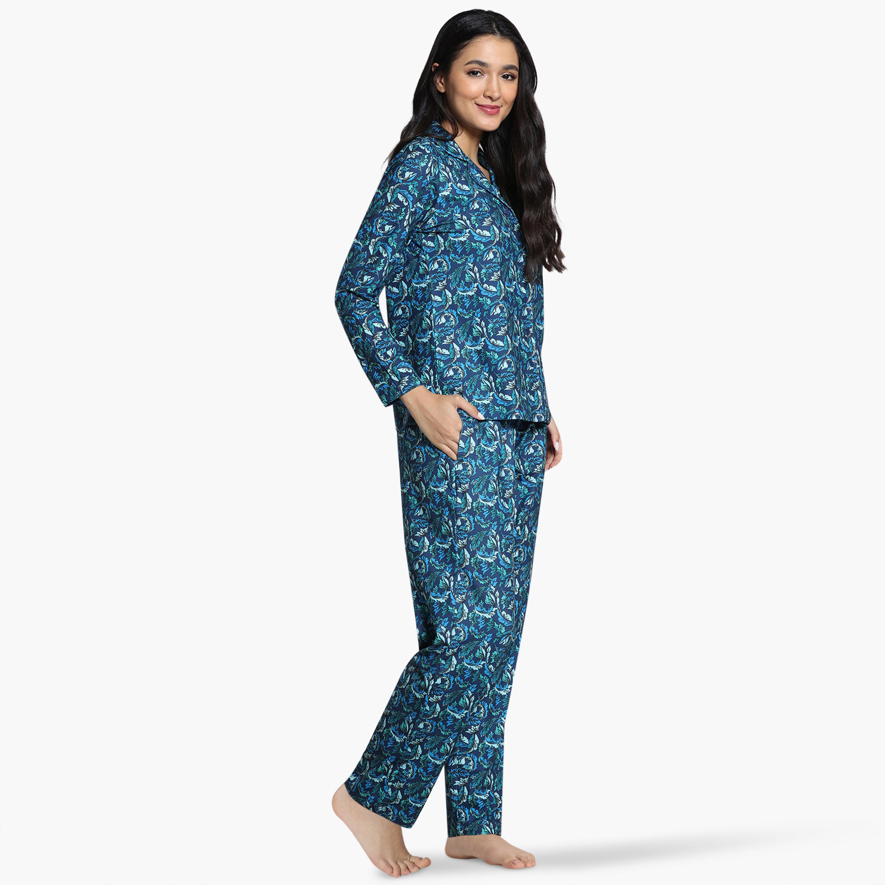 طقم بيجاما بطبعات أوراق شجر من زيفامي-women-clothing-nightwear-pyjamas-longsets-image-8