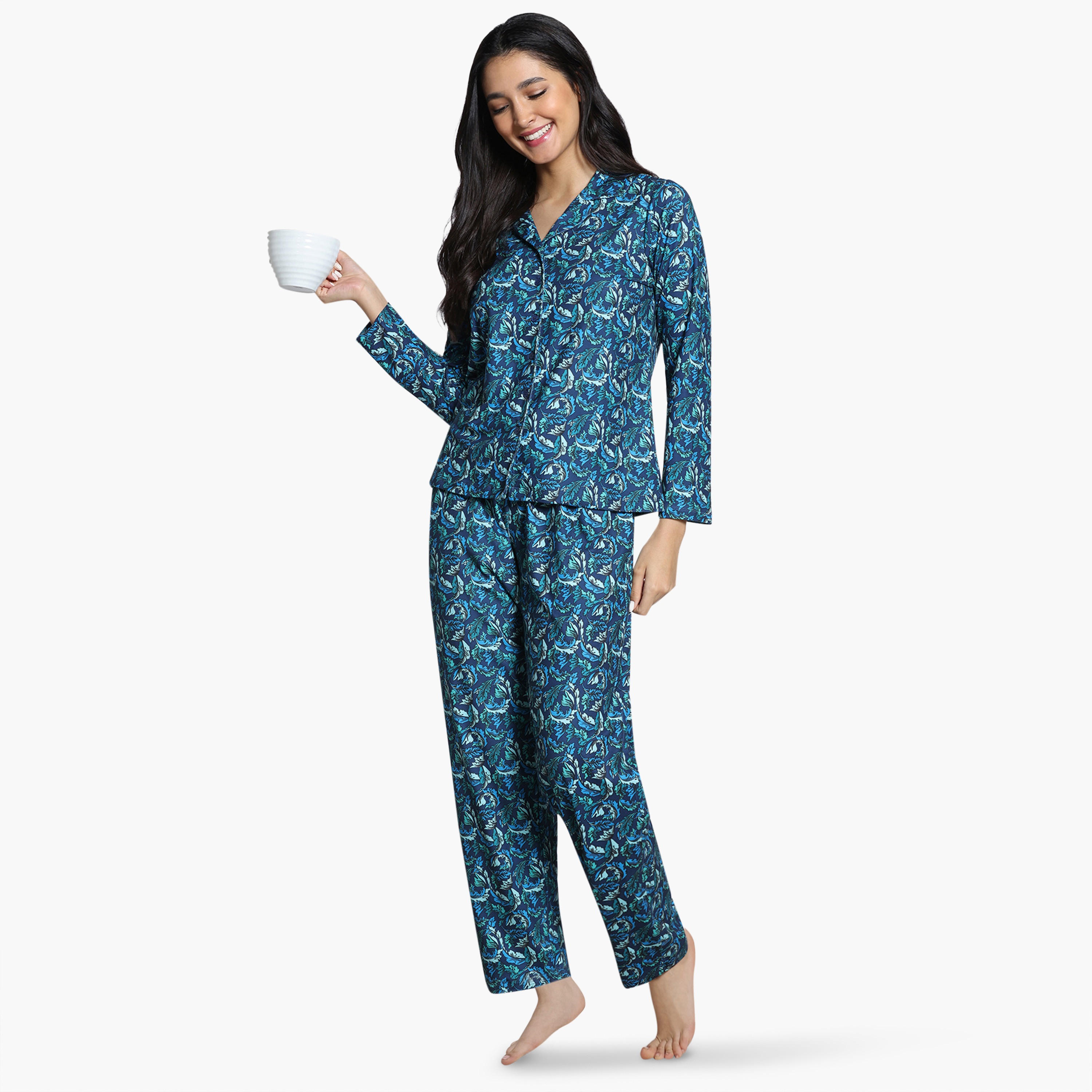 طقم بيجاما بطبعات أوراق شجر من زيفامي-women-clothing-nightwear-pyjamas-longsets-image-10
