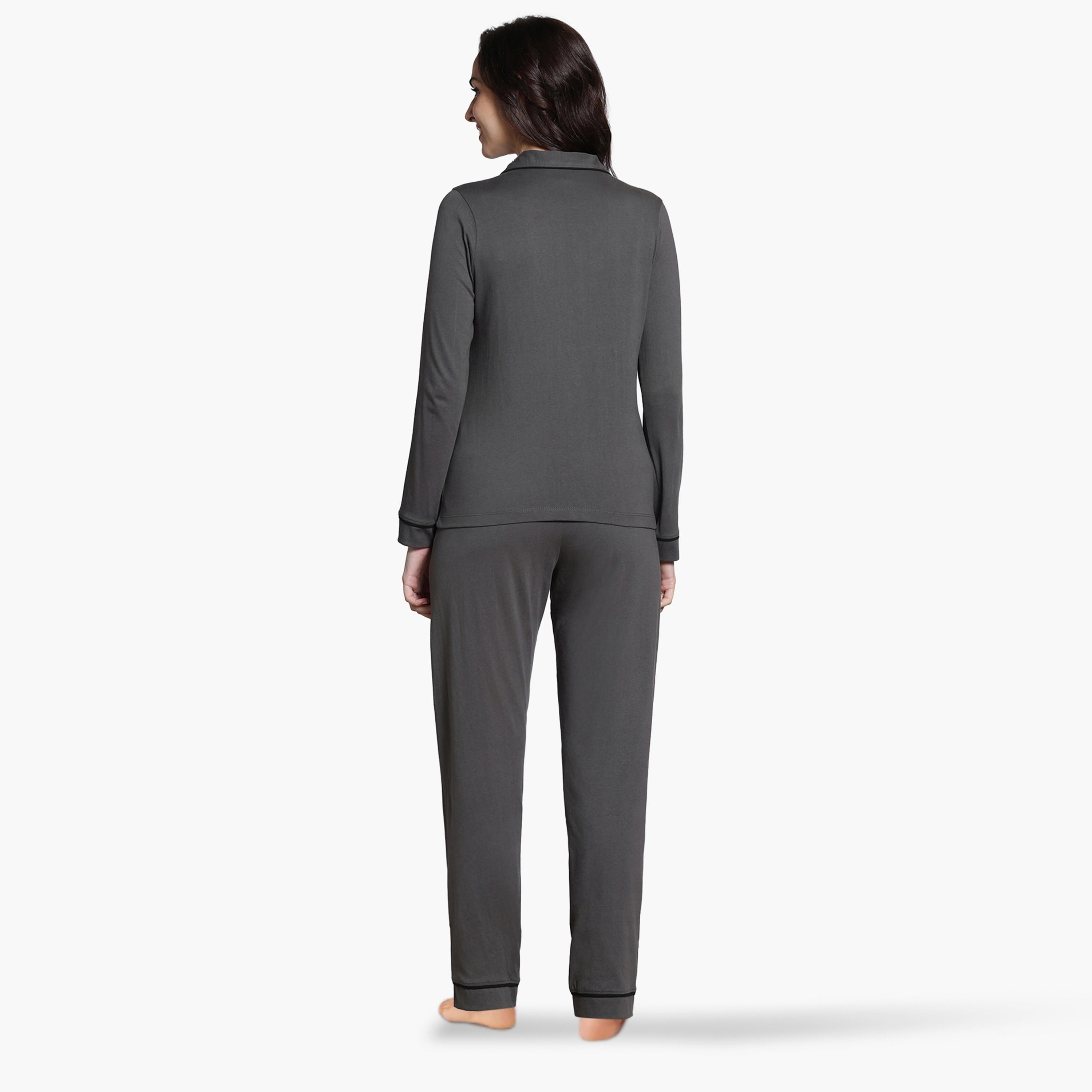 طقم بيجاما بتفاصيل خيوط بارزة من زيفامي-women-clothing-nightwear-pyjamas-longsets-image-9