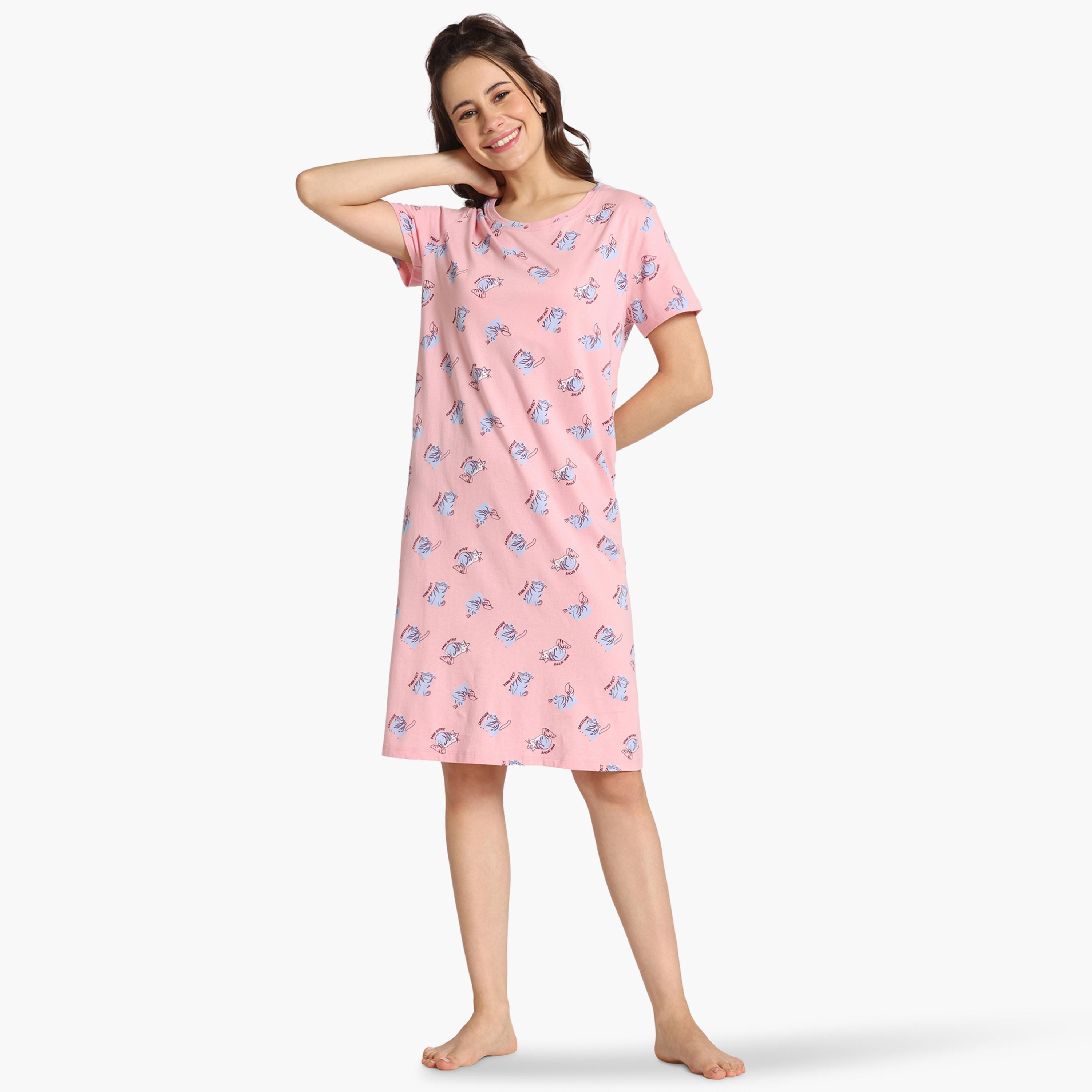 فستان نوم بطبعات قطة من زيفامي-women-clothing-nightwear-nighties-image-1