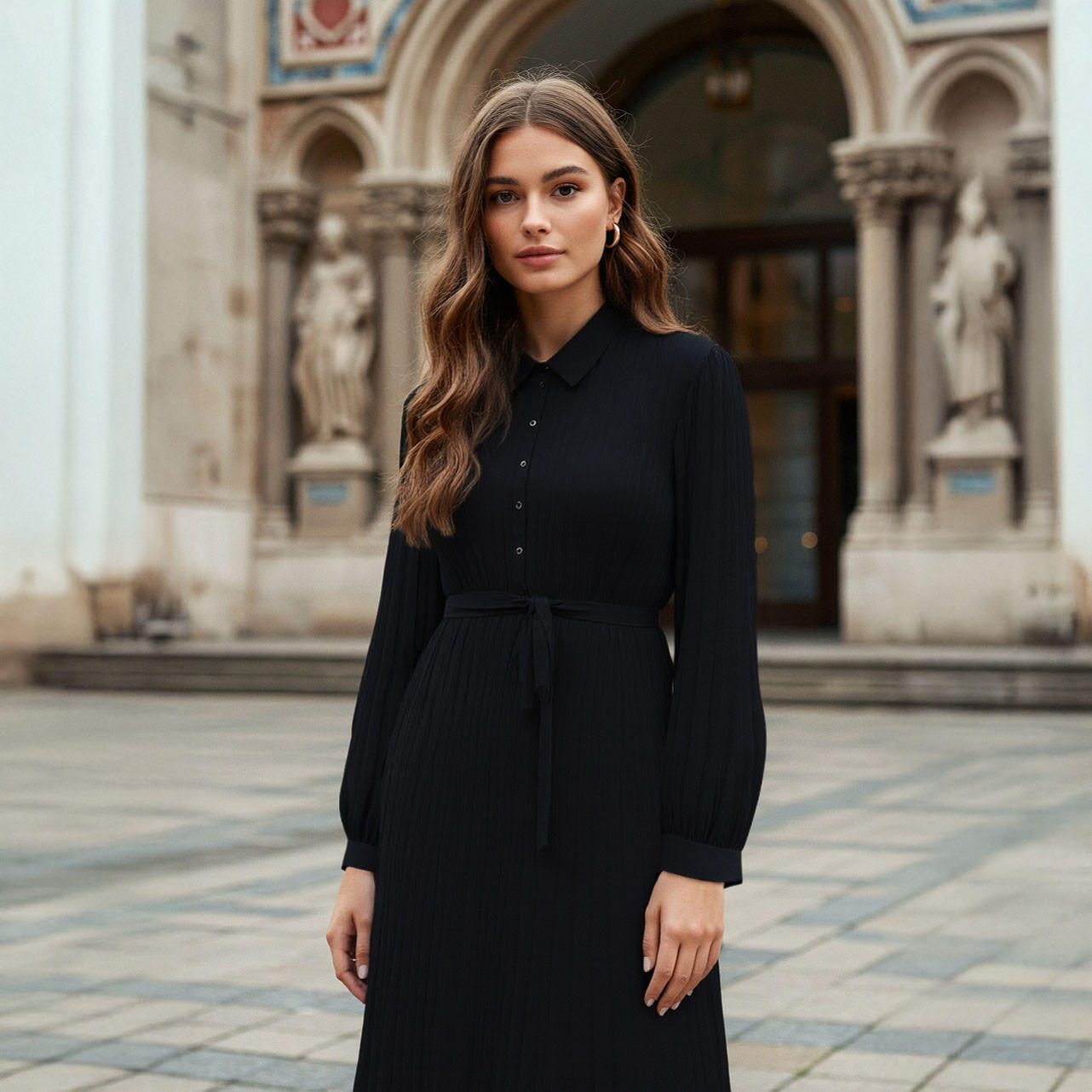 فستان ميدي بكسرات وياقة وحزام خصر-women-clothing-dresses-image-1