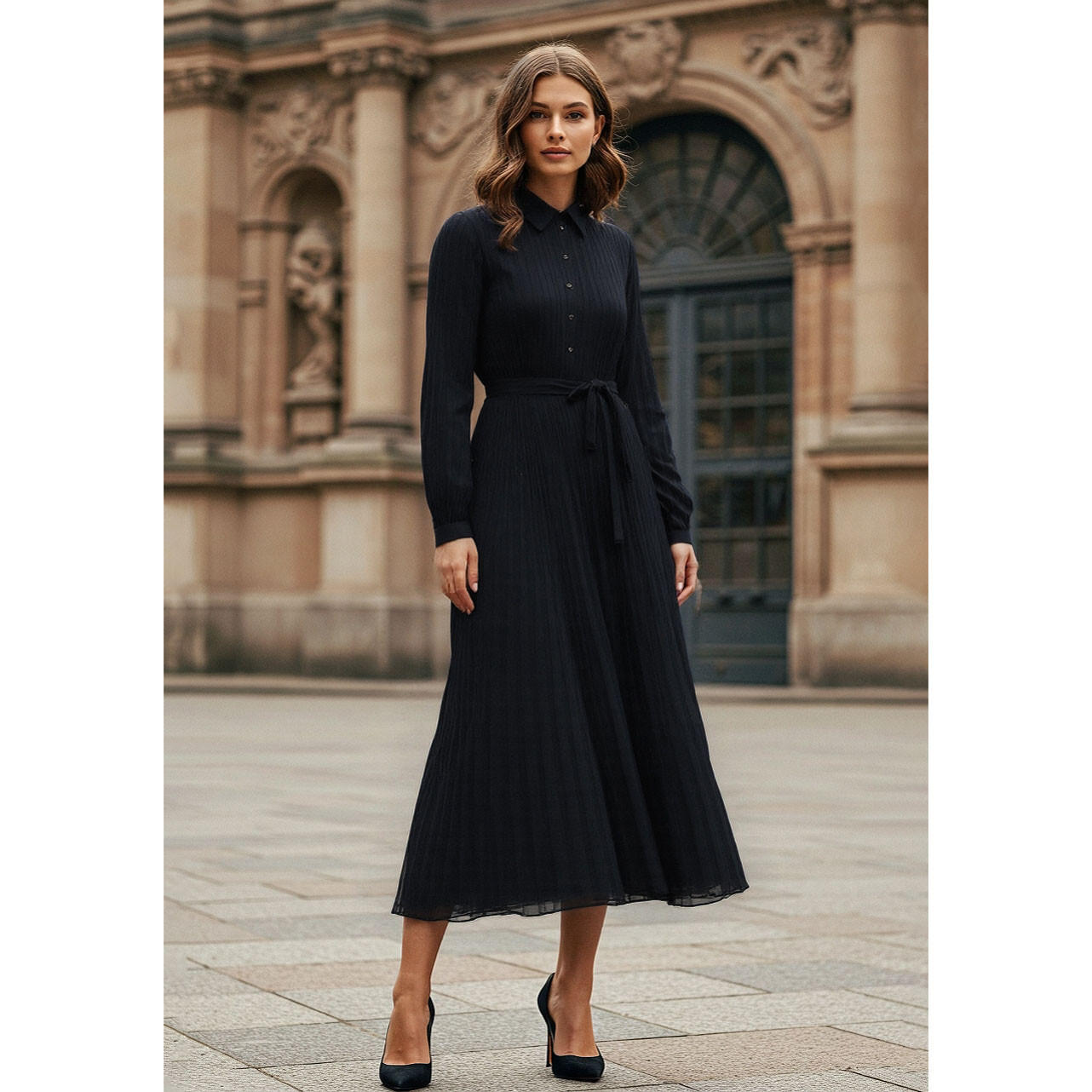 فستان ميدي بكسرات وياقة وحزام خصر-women-clothing-dresses-image-2