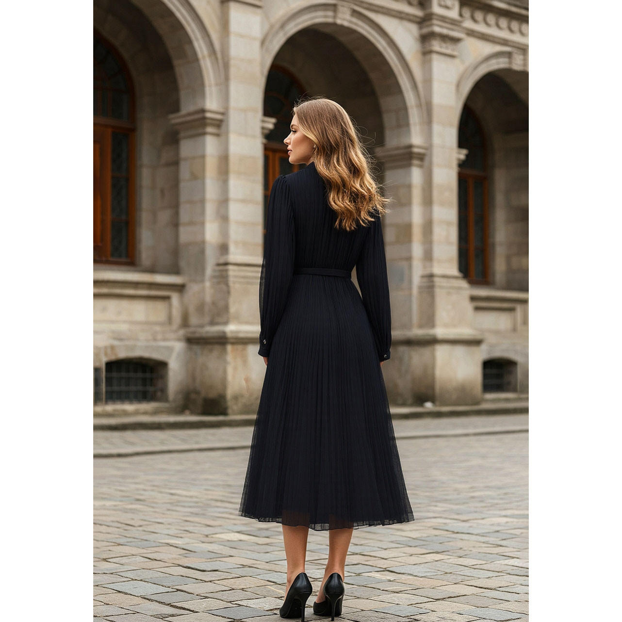 فستان ميدي بكسرات وياقة وحزام خصر-women-clothing-dresses-image-3
