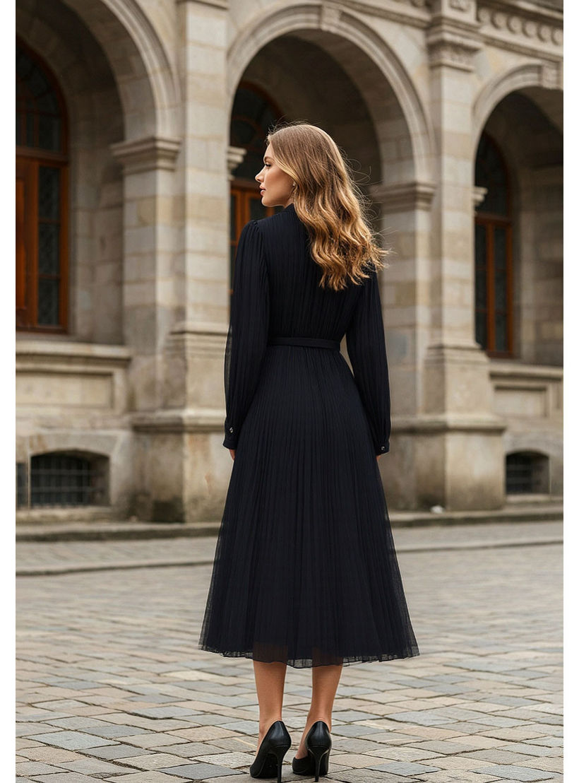 فستان ميدي بكسرات وياقة وحزام خصر-women-clothing-dresses-image-3