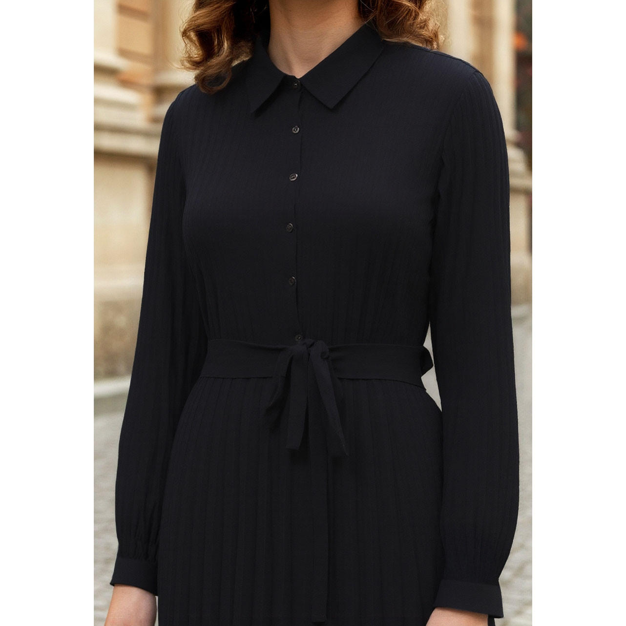 فستان ميدي بكسرات وياقة وحزام خصر-women-clothing-dresses-image-4