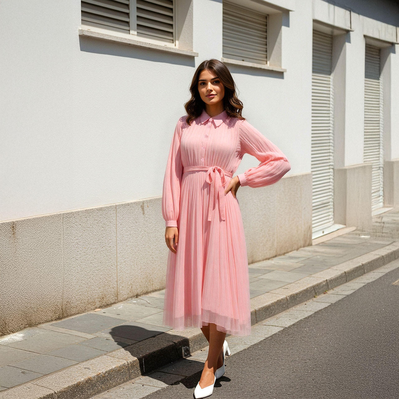 فستان ميدي بكسرات وياقة وحزام خصر-women-clothing-dresses-image-1