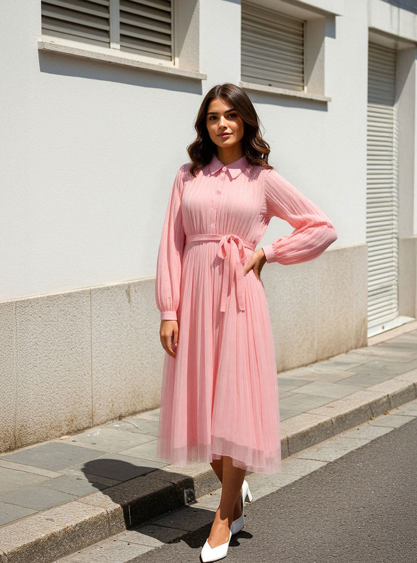 فستان ميدي بكسرات وياقة وحزام خصر-women-clothing-dresses-image-1