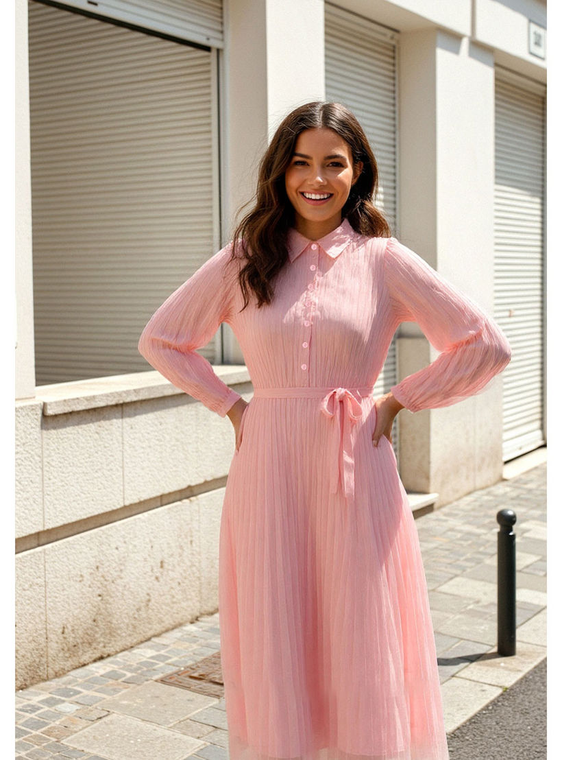 فستان ميدي بكسرات وياقة وحزام خصر-women-clothing-dresses-image-2