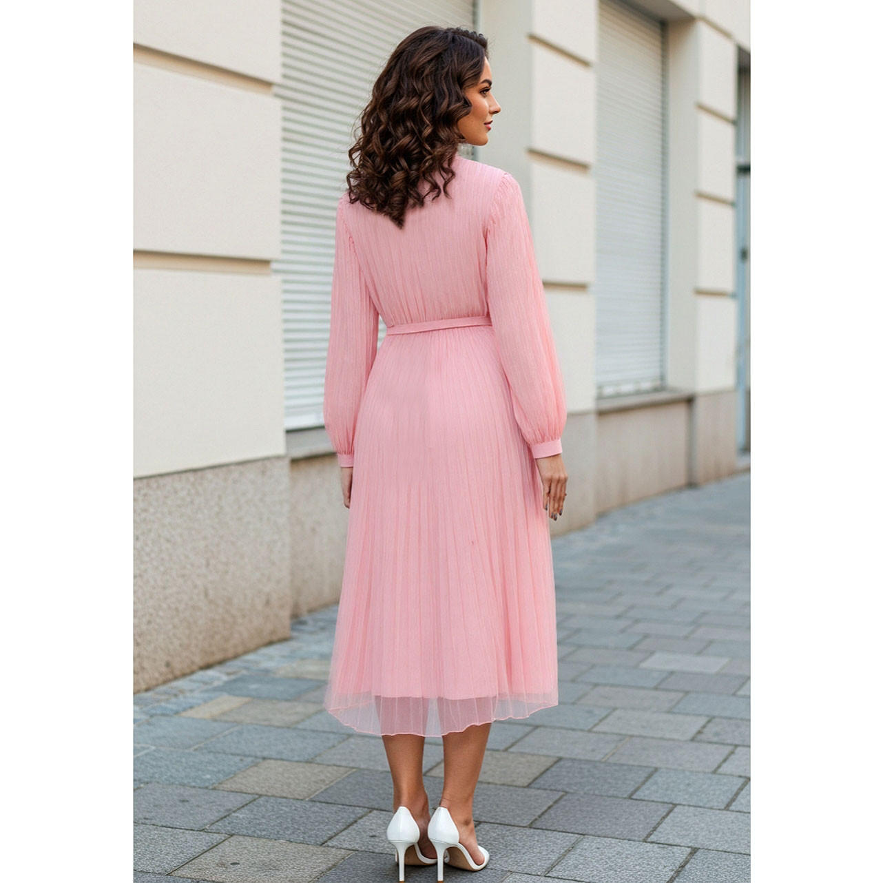 فستان ميدي بكسرات وياقة وحزام خصر-women-clothing-dresses-image-3