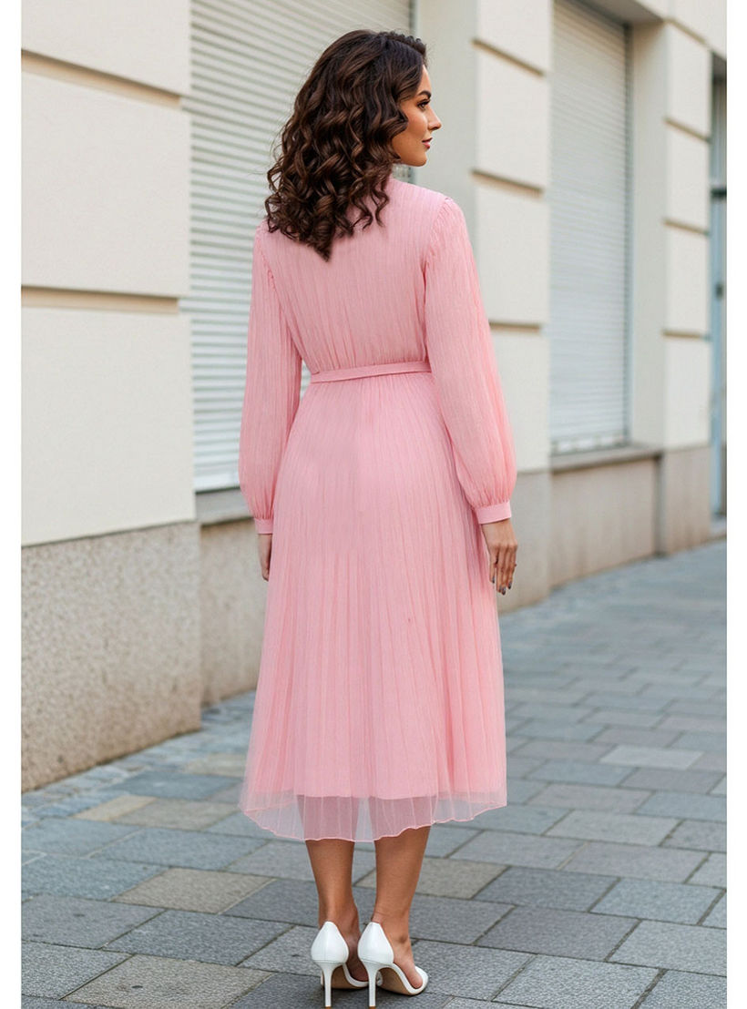 فستان ميدي بكسرات وياقة وحزام خصر-women-clothing-dresses-image-3