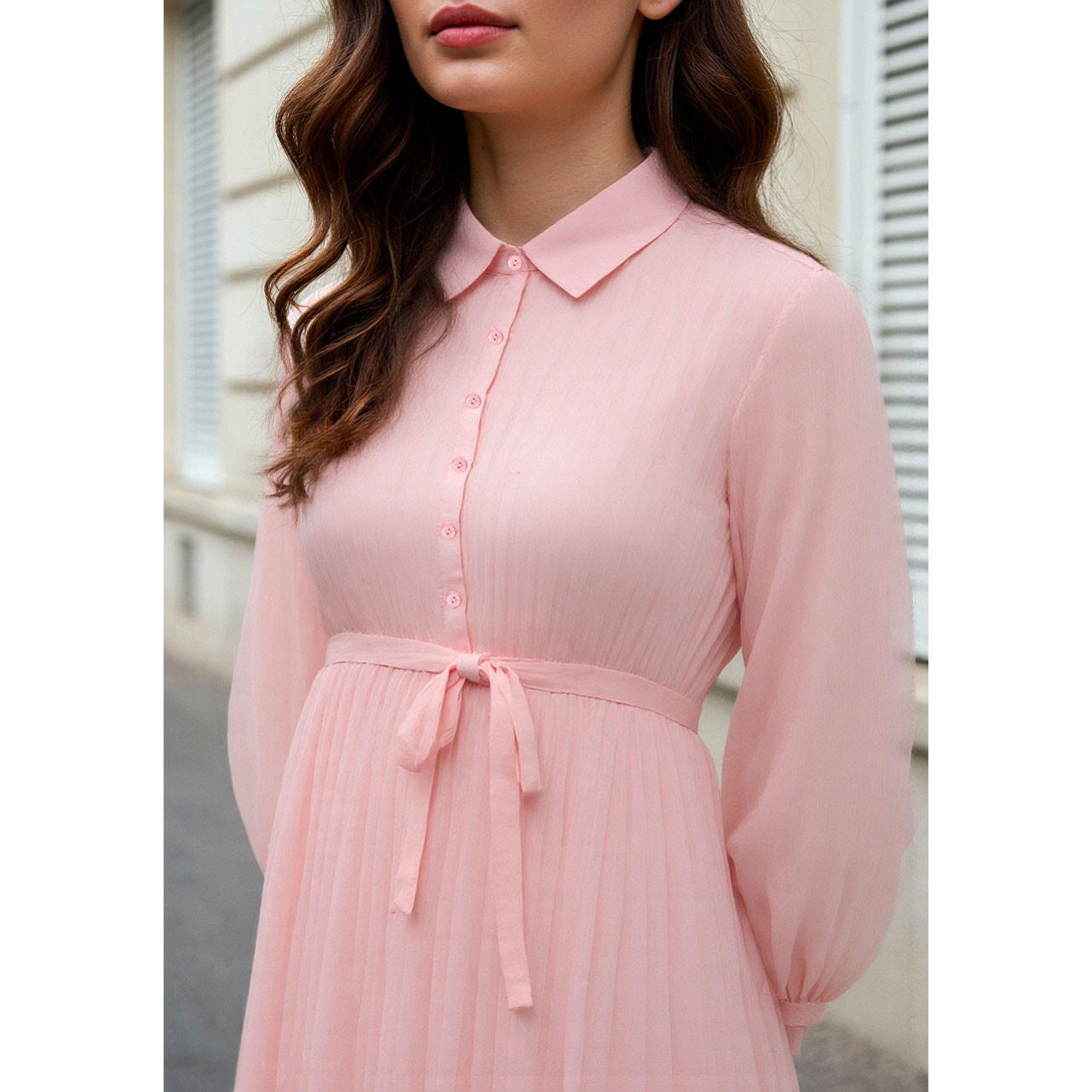 فستان ميدي بكسرات وياقة وحزام خصر-women-clothing-dresses-image-4