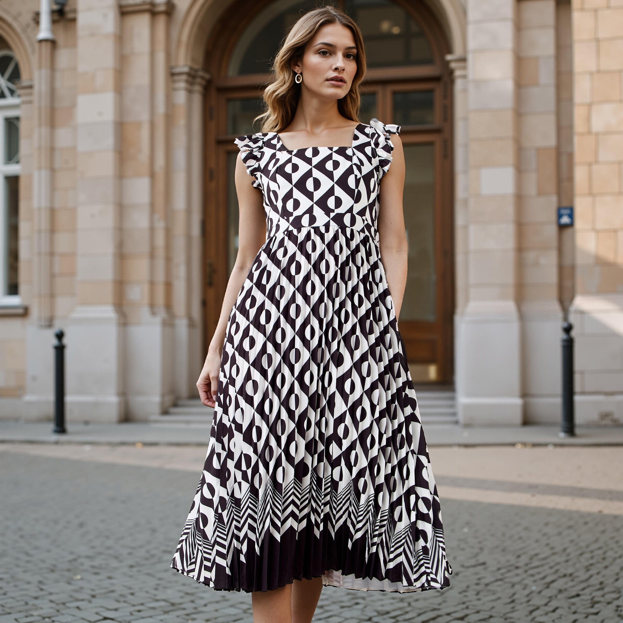 فستان ميدي بأكمام كشكش وكُسرات-women-clothing-dresses-image-1