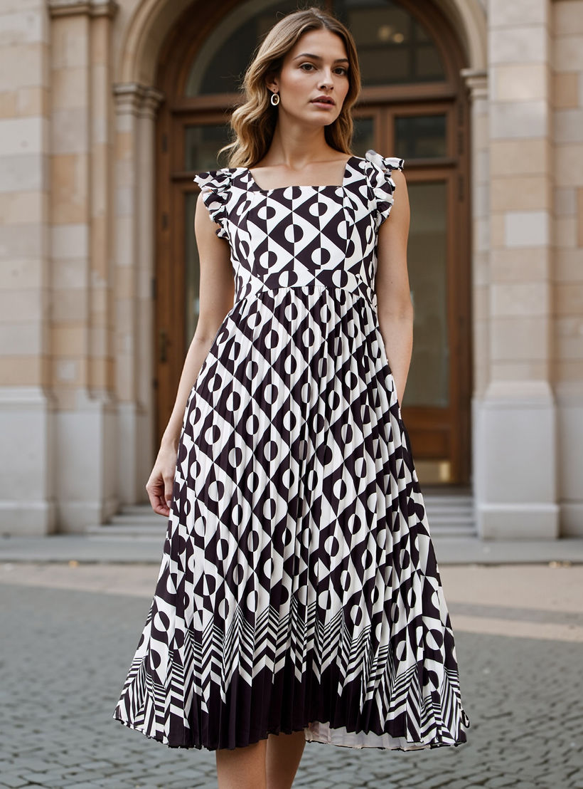 فستان ميدي بأكمام كشكش وكُسرات-women-clothing-dresses-image-1