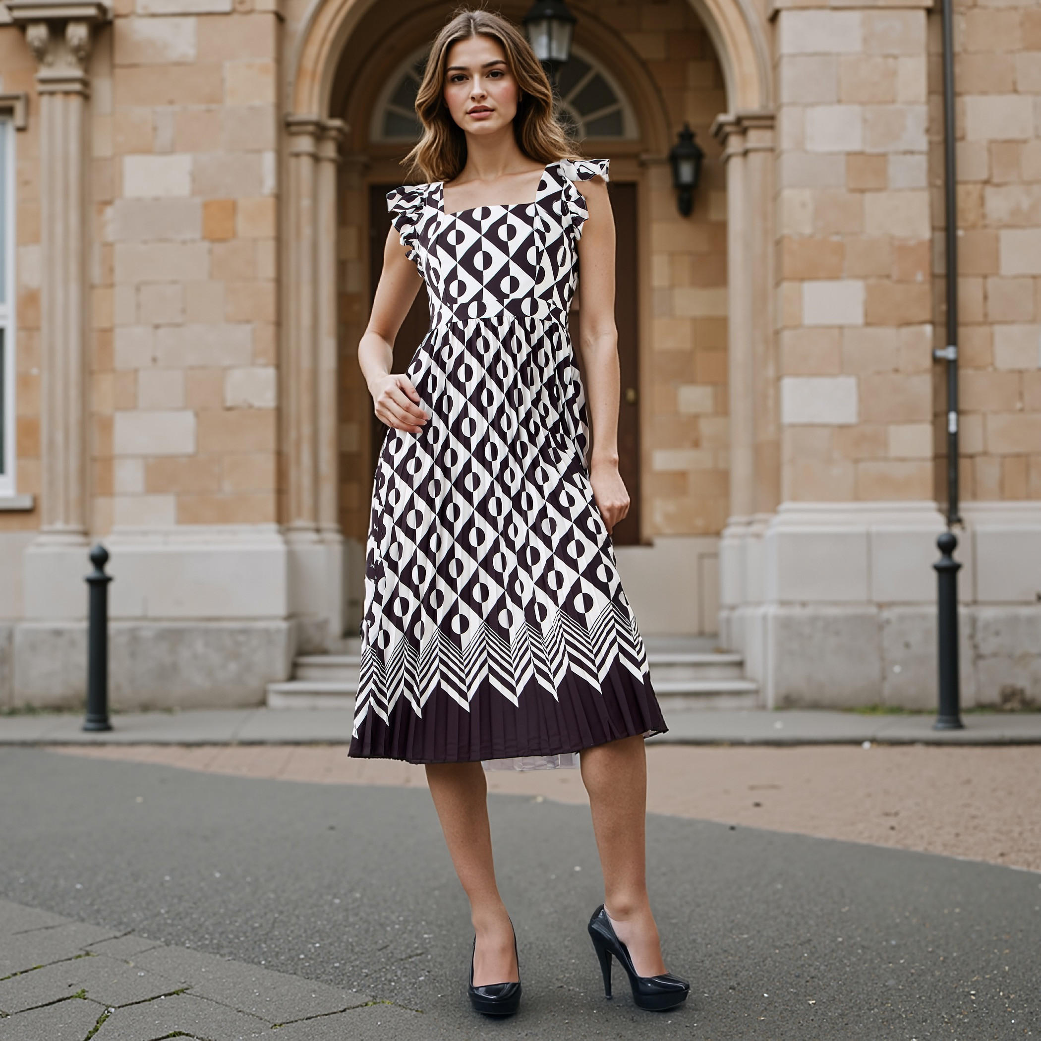 فستان ميدي بأكمام كشكش وكُسرات-women-clothing-dresses-image-2