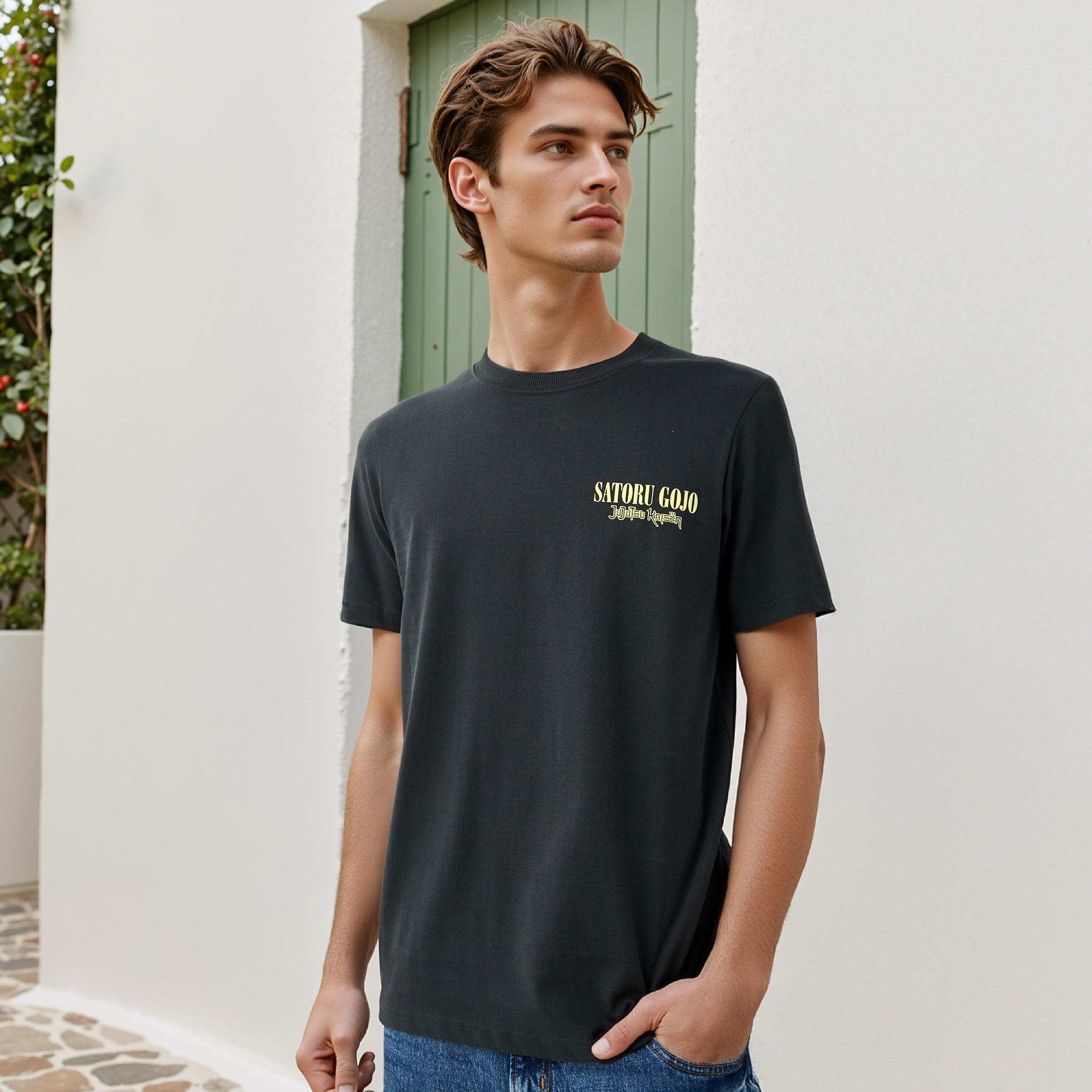 تيشيرت بياقة ضيقة وطبعات ساتورو غوجو-men-clothing-tshirtsandpolos-tshirts-image-3