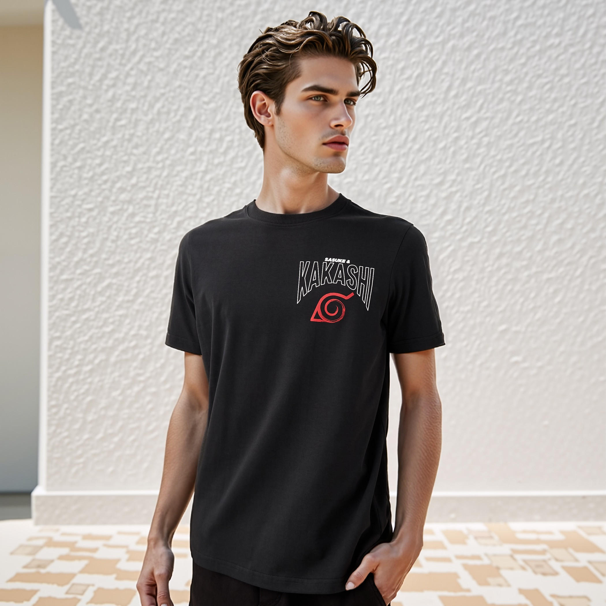 تيشيرت بياقة ضيقة وطبعات كاكاشي-men-clothing-tshirtsandpolos-tshirts-image-3