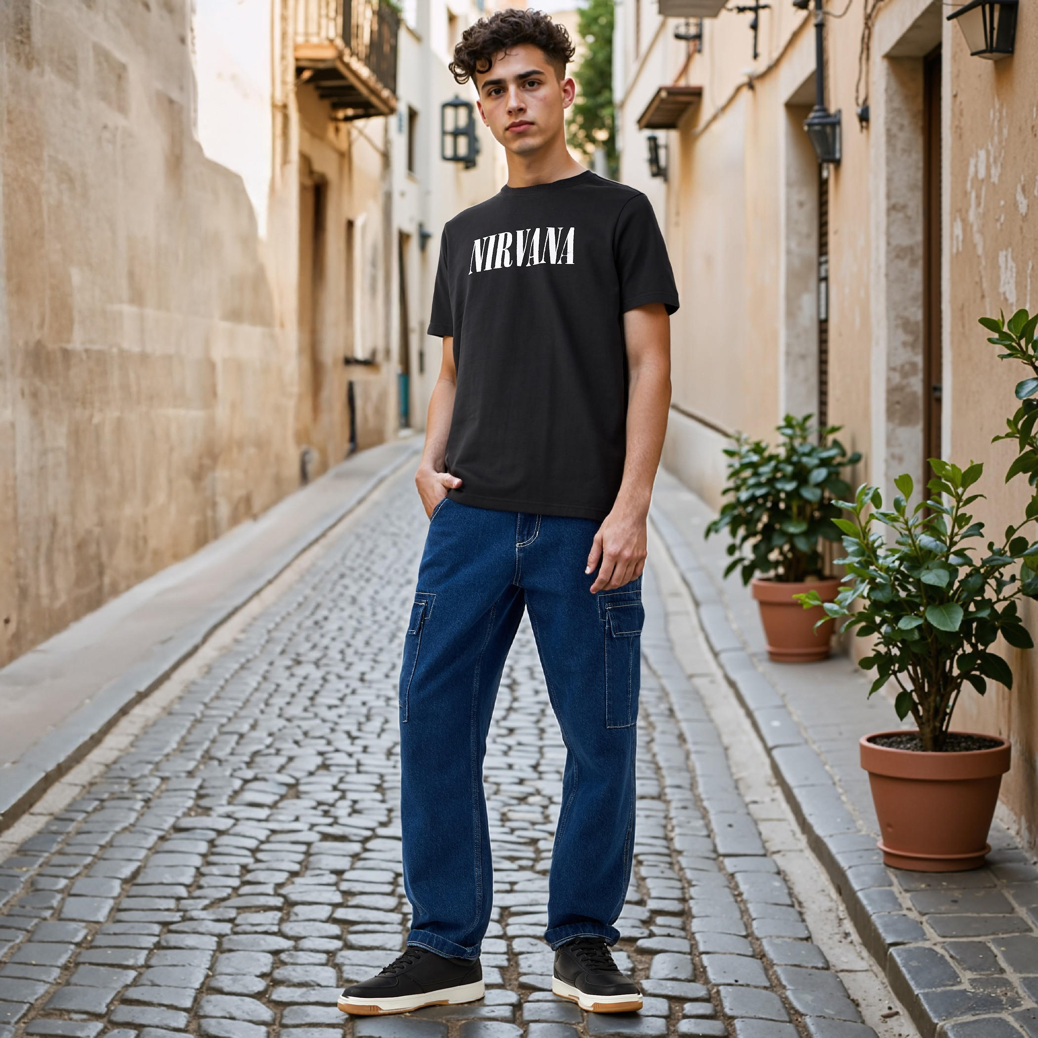 تيشيرت فضفاض بياقة ضيقة وطبعات نيرفانا-men-clothing-tshirtsandpolos-tshirts-image-4