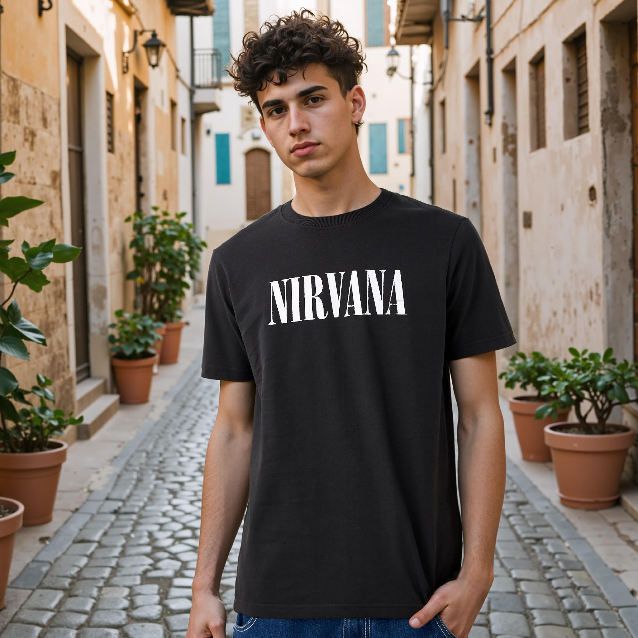 تيشيرت فضفاض بياقة ضيقة وطبعات نيرفانا-men-clothing-tshirtsandpolos-tshirts-image-3