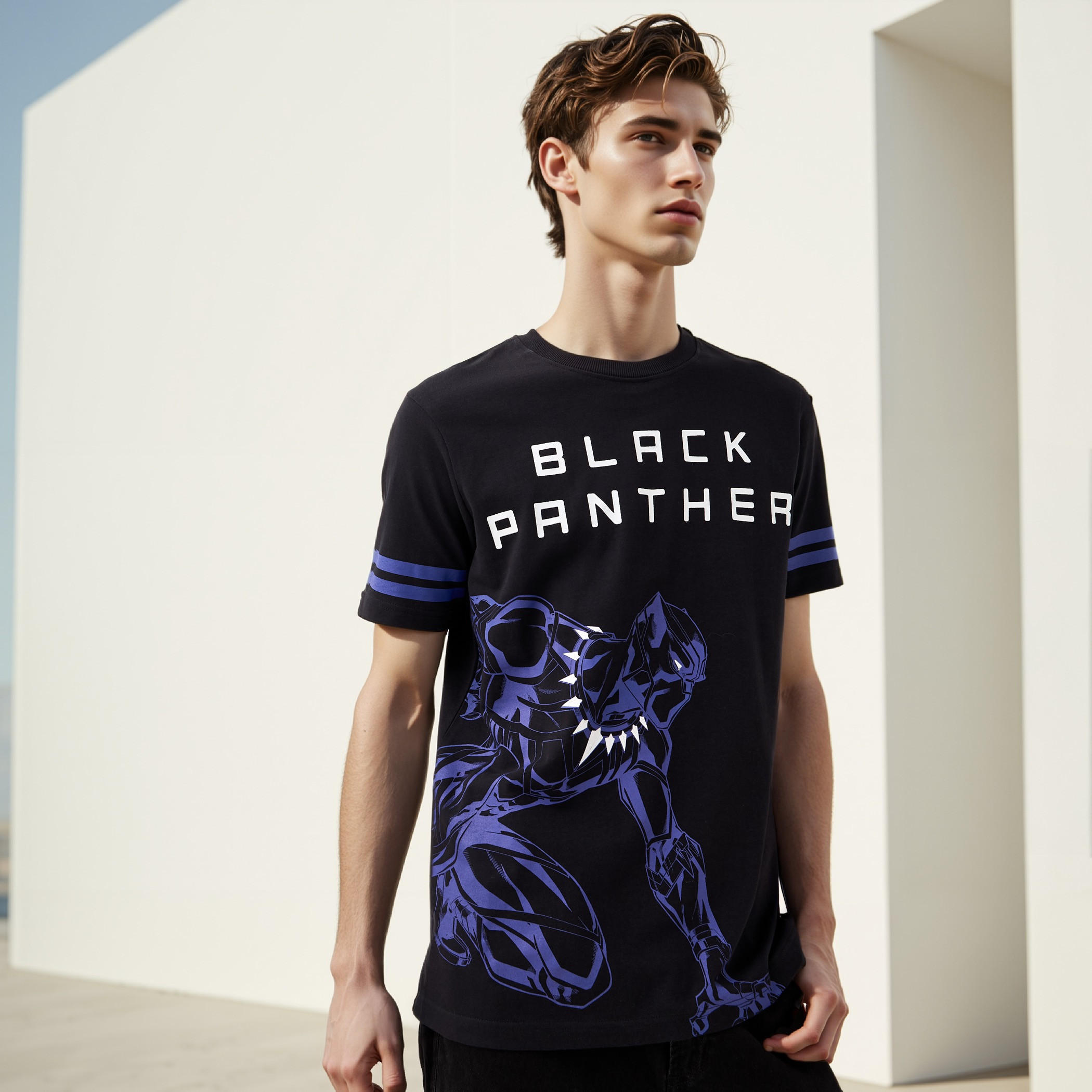 Black Panther Print T-shirt with Crew Neck and Short Sleeves-men-clothing-tshirtsandpolos-tshirts-image-1