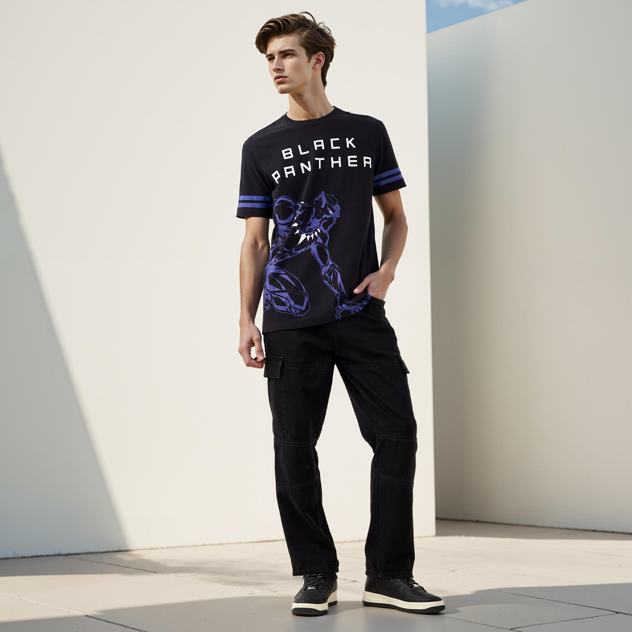 Black Panther Print T-shirt with Crew Neck and Short Sleeves-men-clothing-tshirtsandpolos-tshirts-image-2