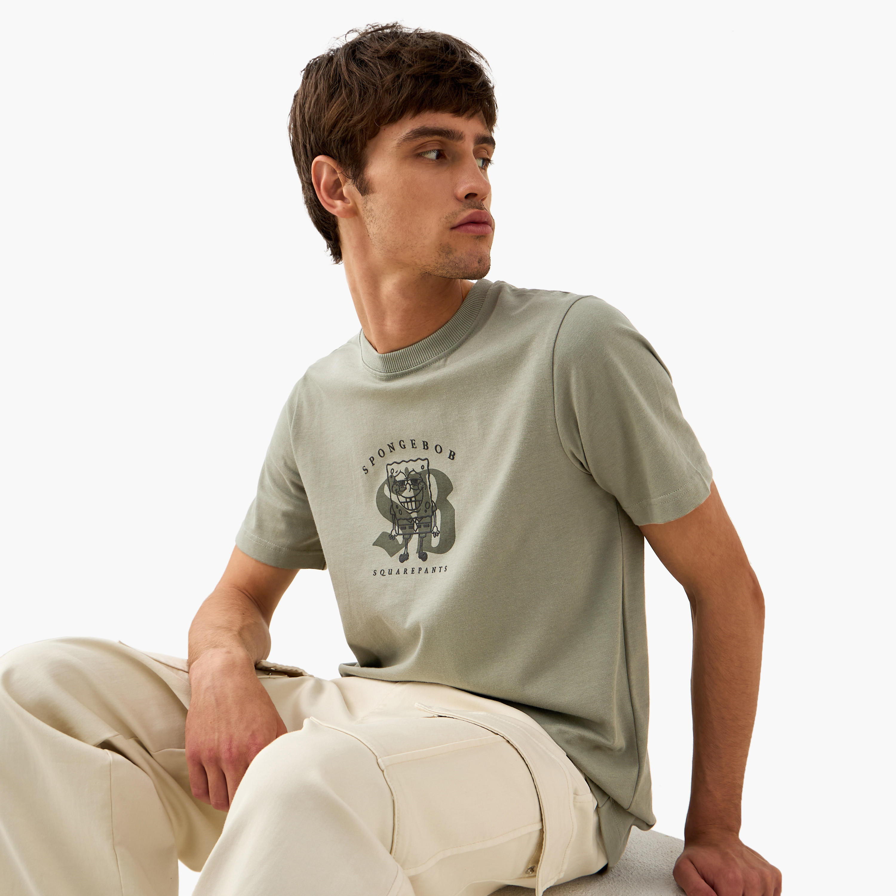 Spongebob Square Pants Print T-shirt with Crew Neck-men-clothing-tshirtsandpolos-tshirts-image-1