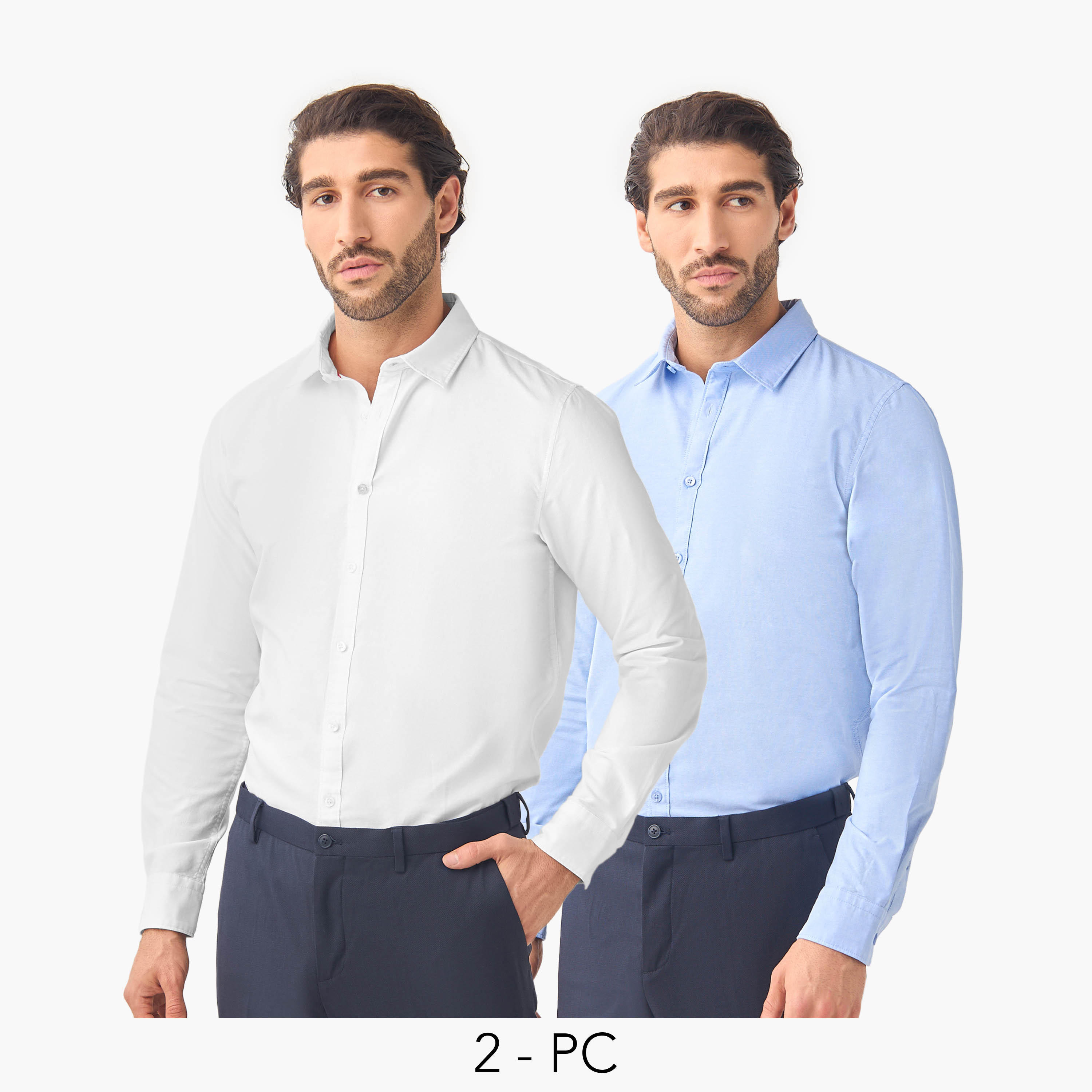 Set of 2 - Regular Fit Oxford Shirt with Collar and Long Sleeves-men-clothing-shirts-image-1