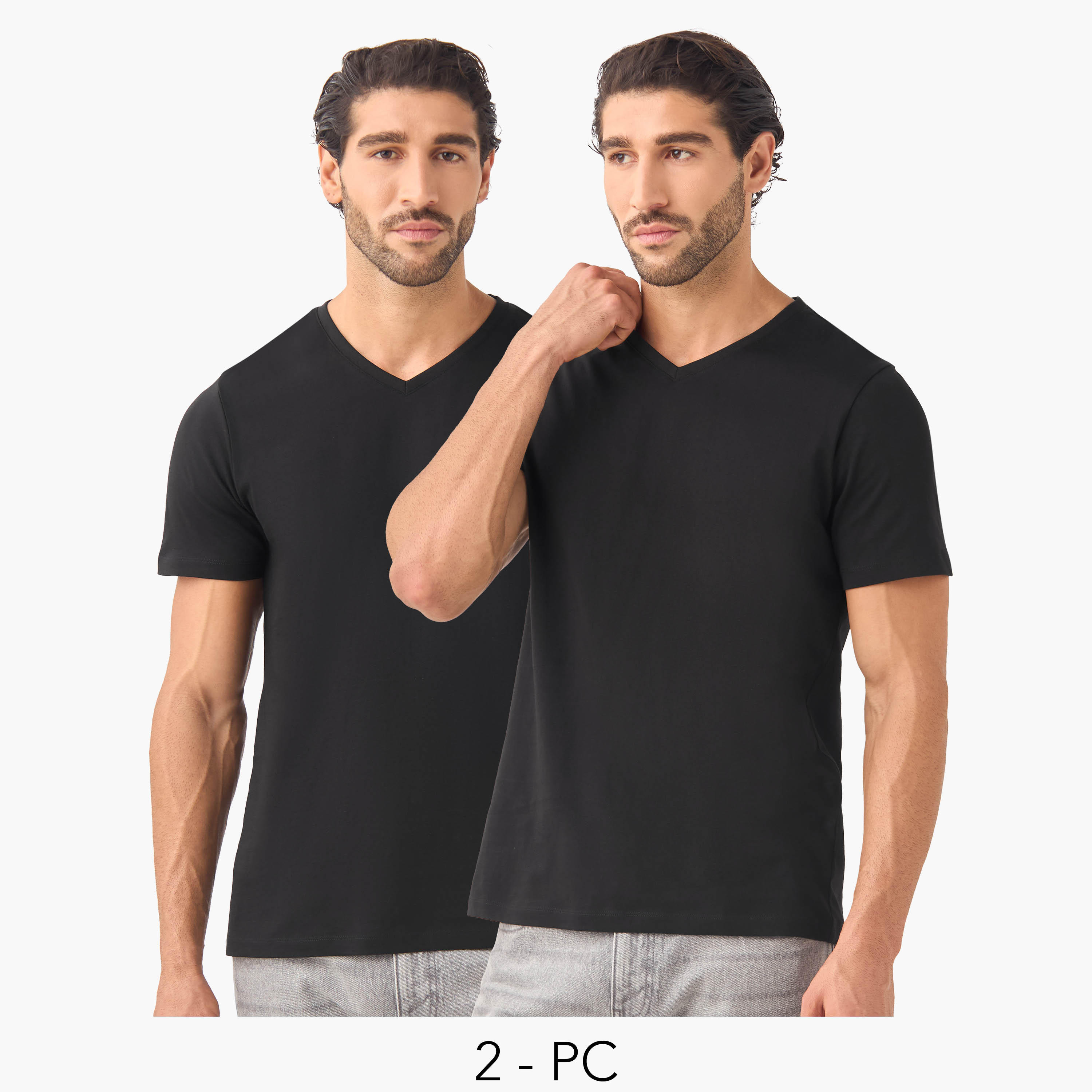 تيشيرت بقصة سليم وياقة V وأكمام قصيرة - طقم من 2-men-clothing-tshirtsandpolos-tshirts-image-1