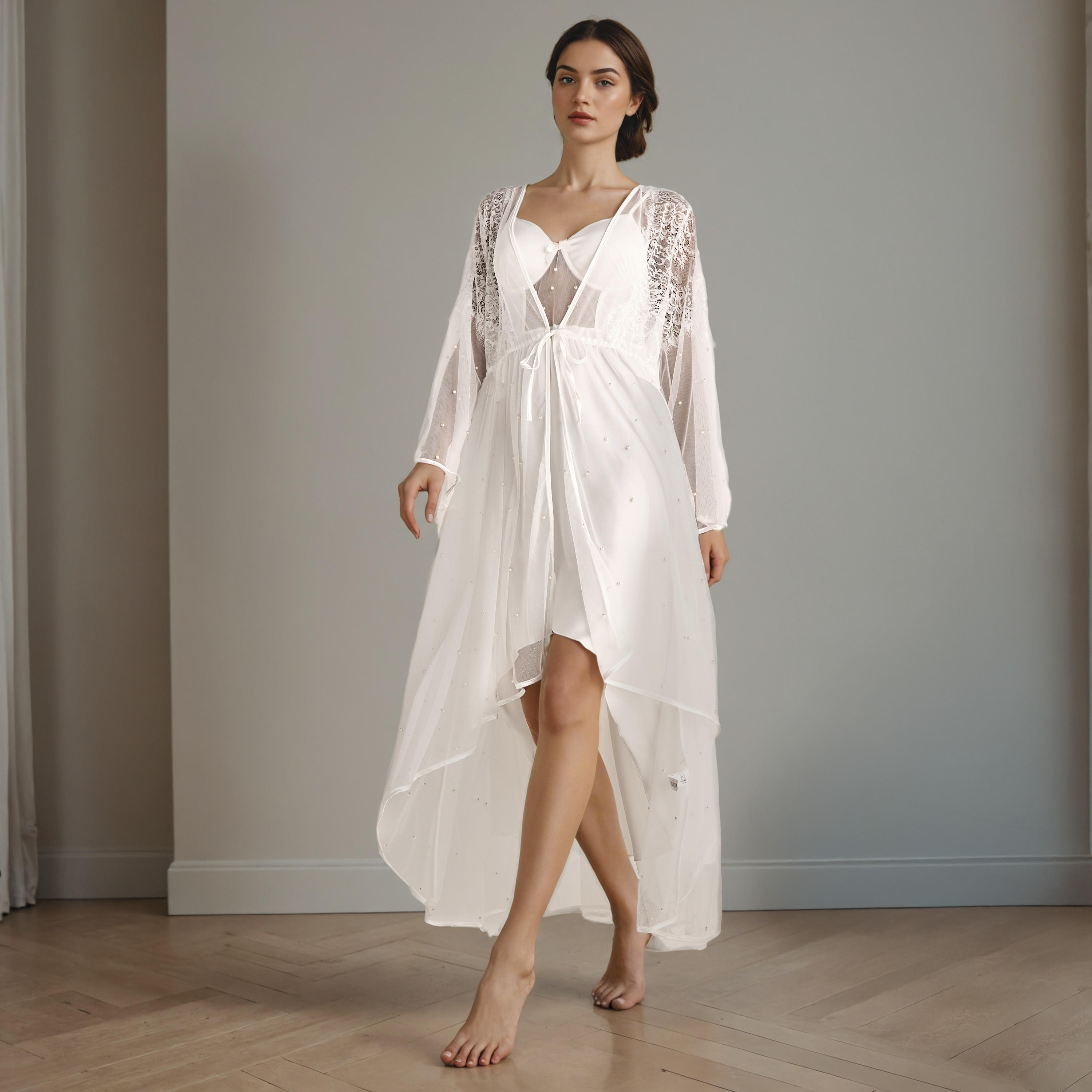قميص نوم غير متماثل مع روب بدانتيل زهور-women-clothing-nightwear-robes-image-1