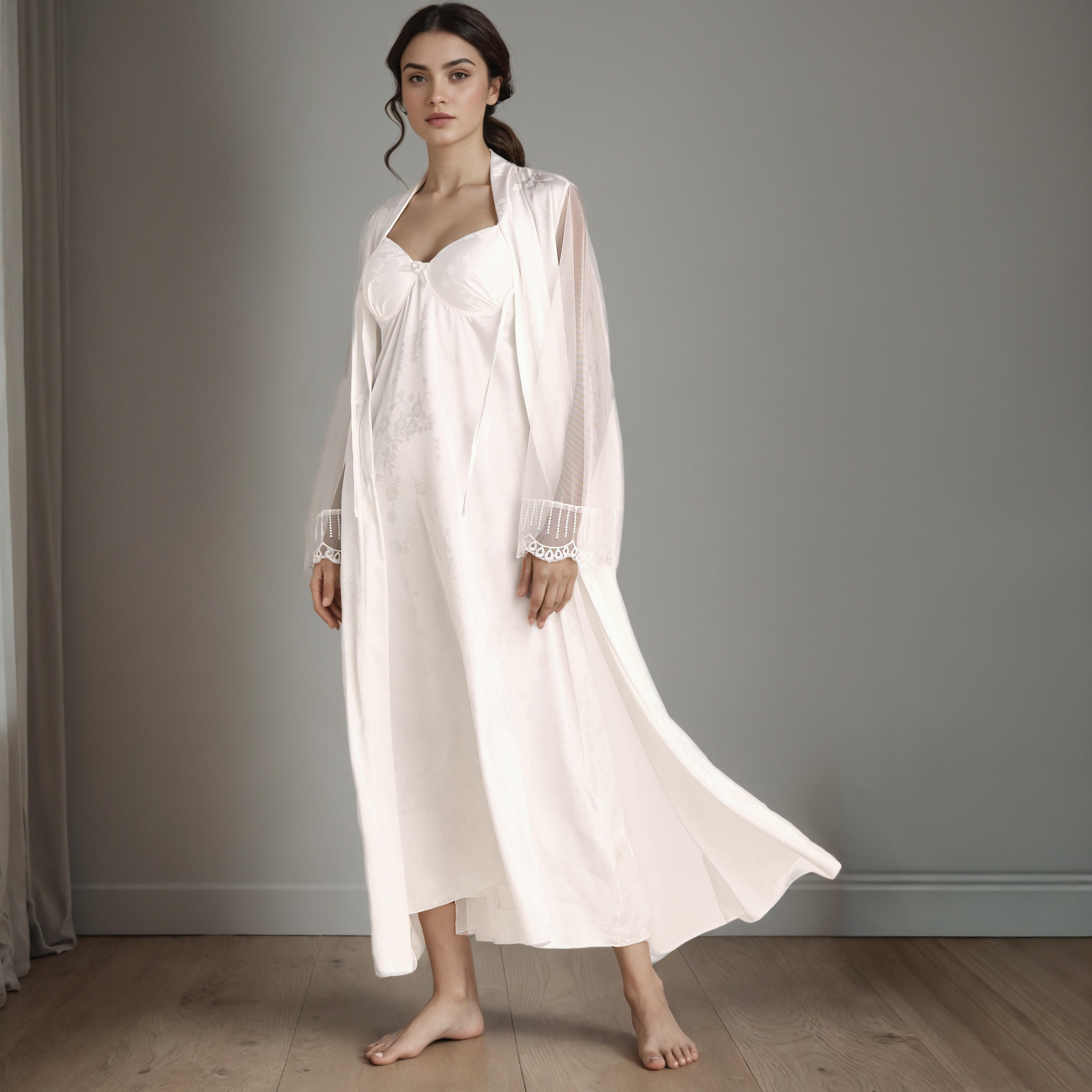 Lace Trim Bridal Night Gown with Belted Robe-women-clothing-nightwear-robes-image-1