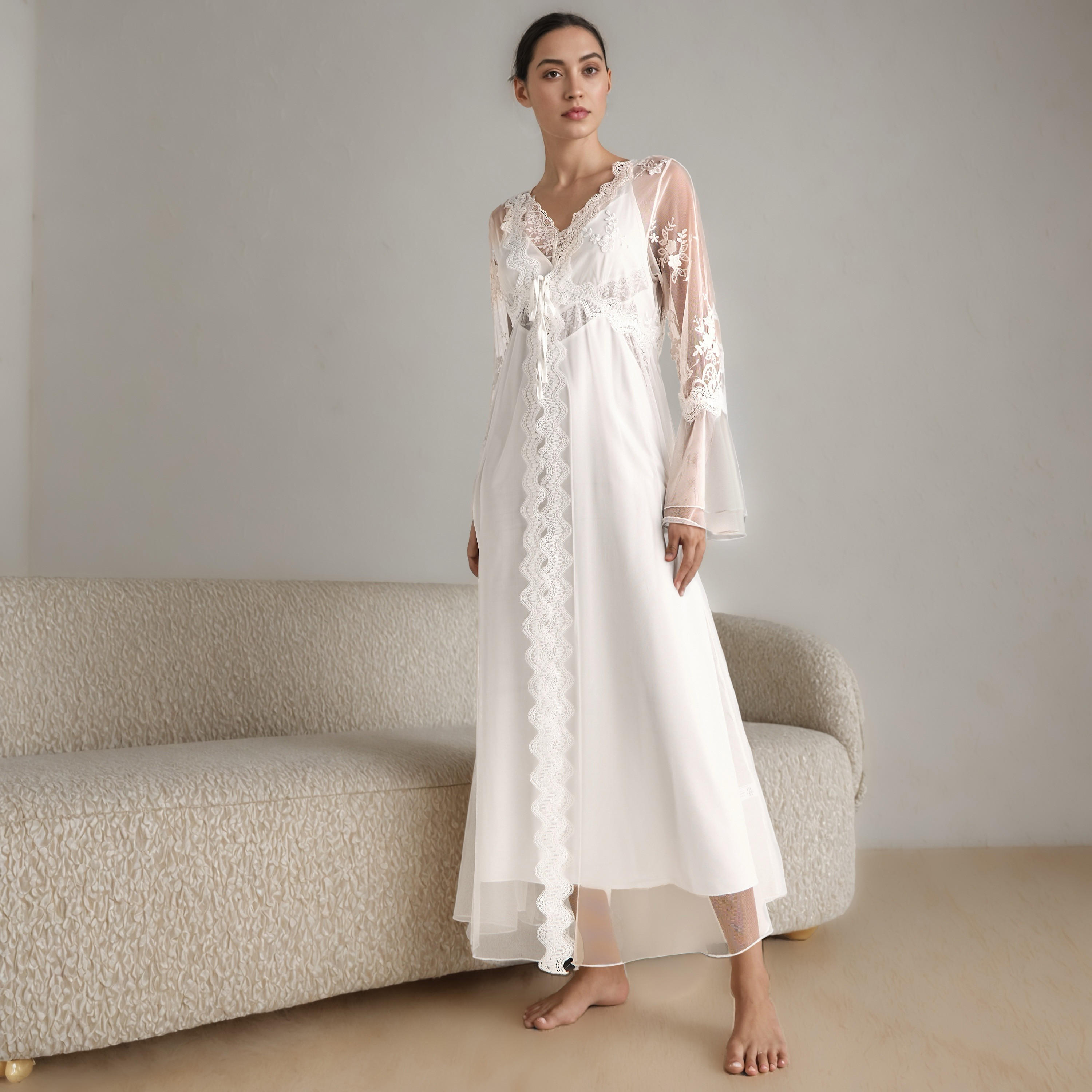 قميص نوم بقصة دانتيل للعرائس مع روب-women-clothing-nightwear-robes-image-1