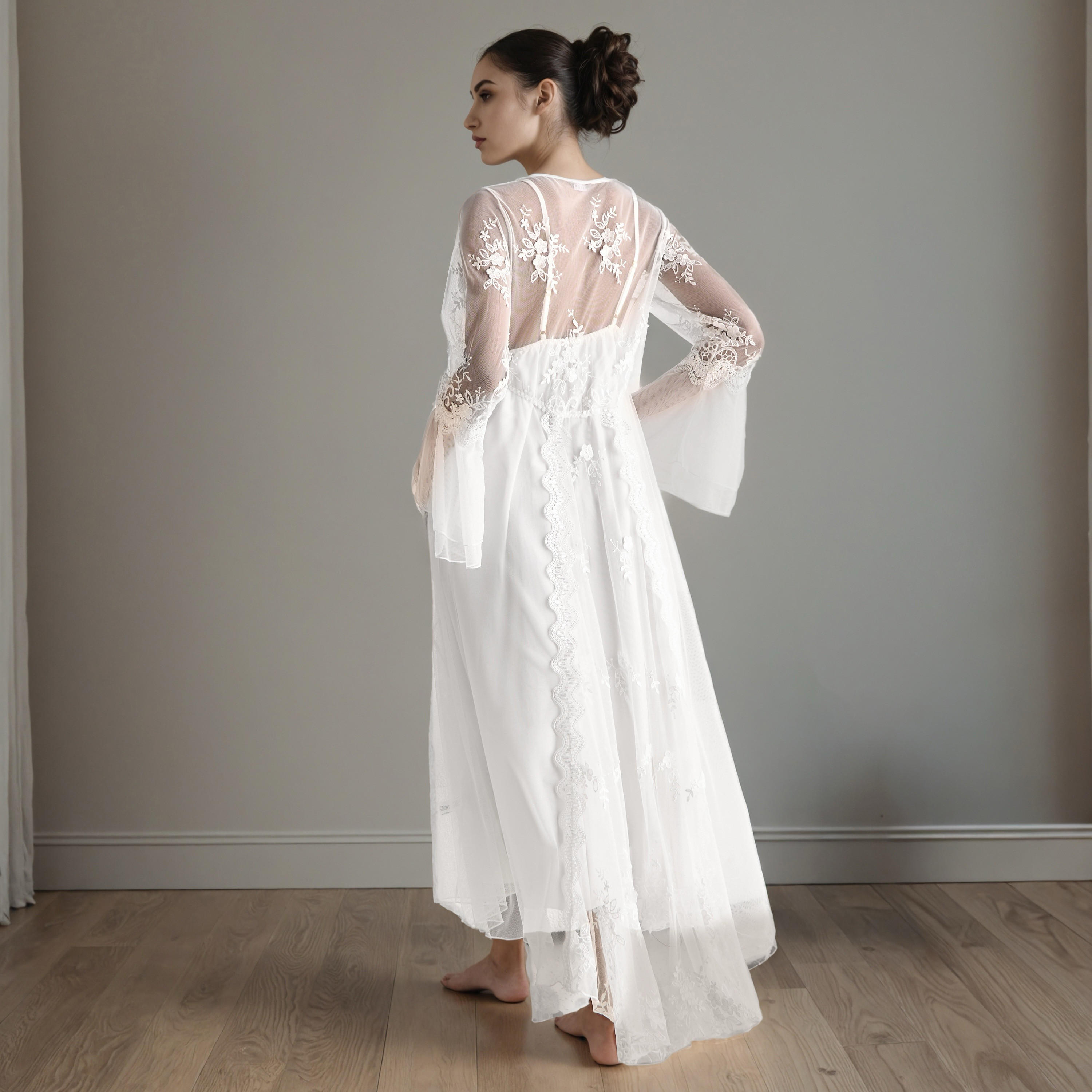 قميص نوم بقصة دانتيل للعرائس مع روب-women-clothing-nightwear-robes-image-2
