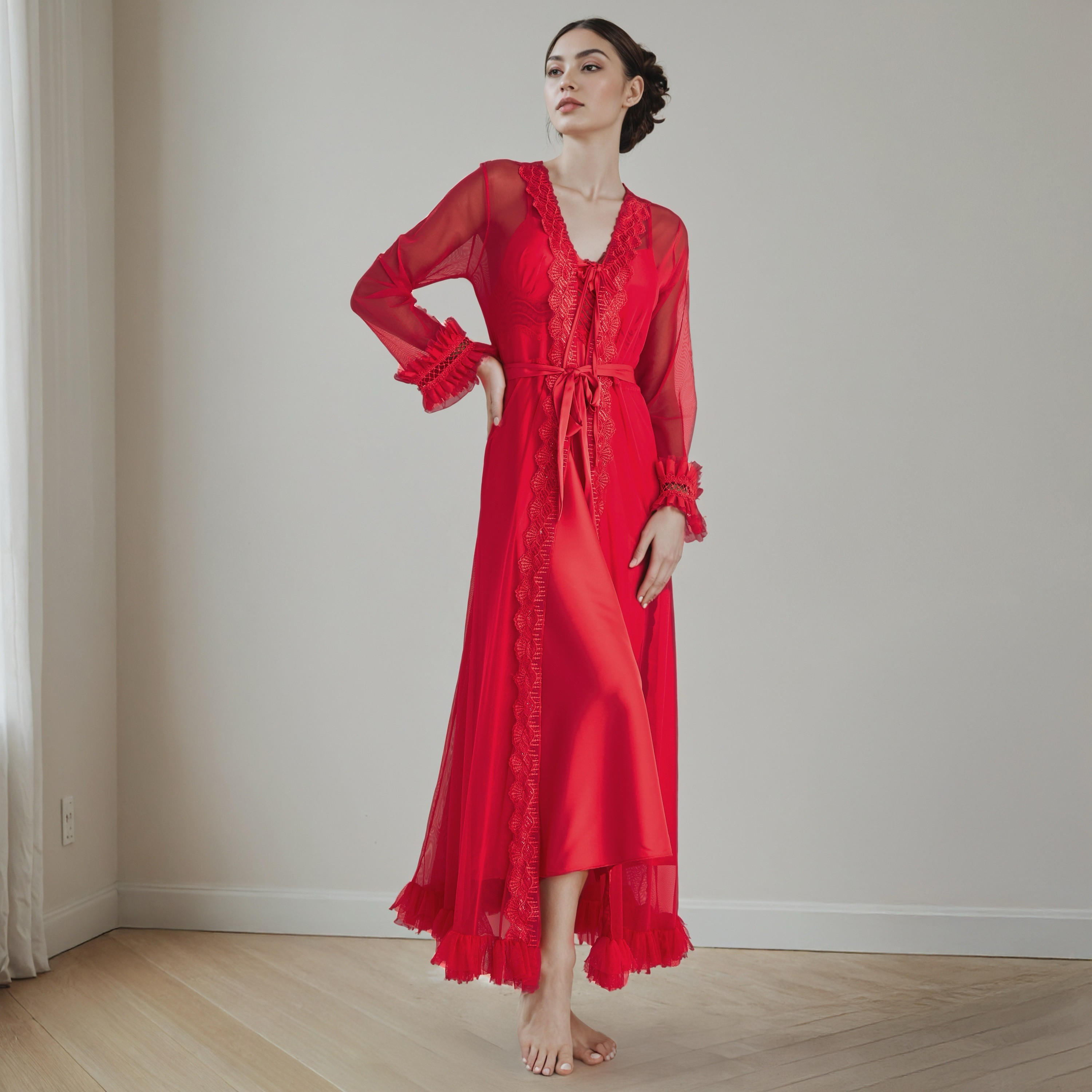 قميص نوم بقصة دانتيل للعرائس مع روب بحزام-women-clothing-nightwear-robes-image-1