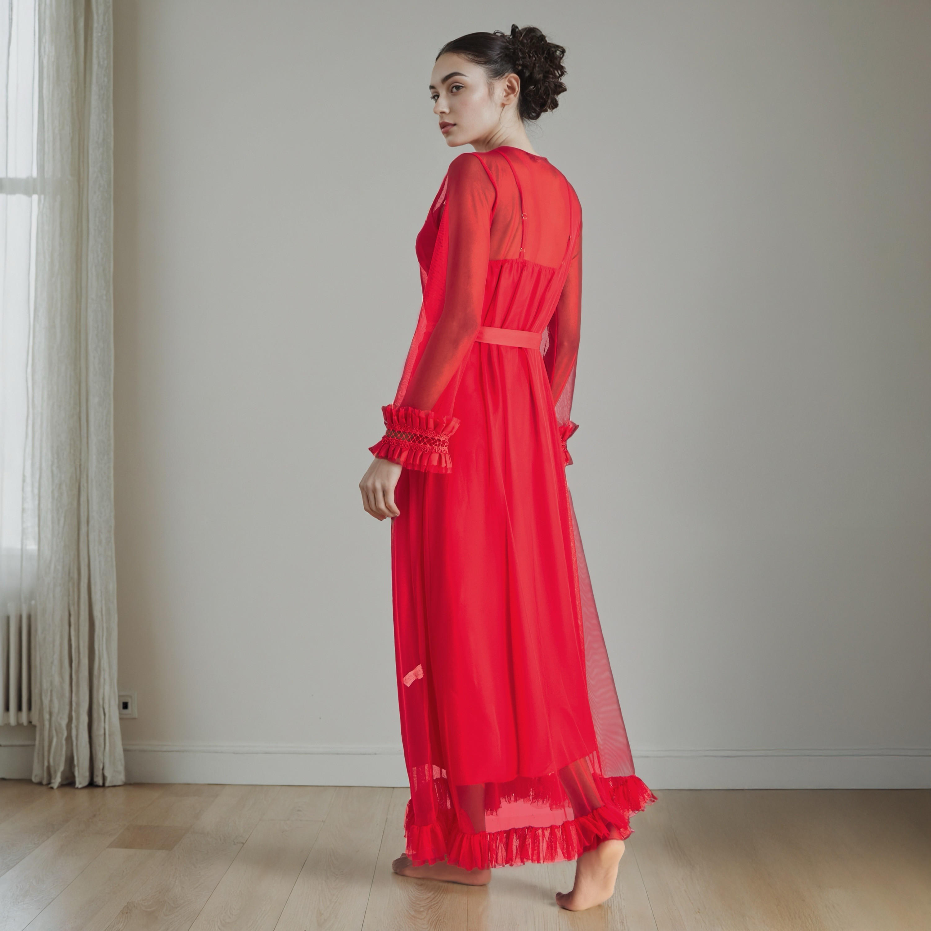 قميص نوم بقصة دانتيل للعرائس مع روب بحزام-women-clothing-nightwear-robes-image-3