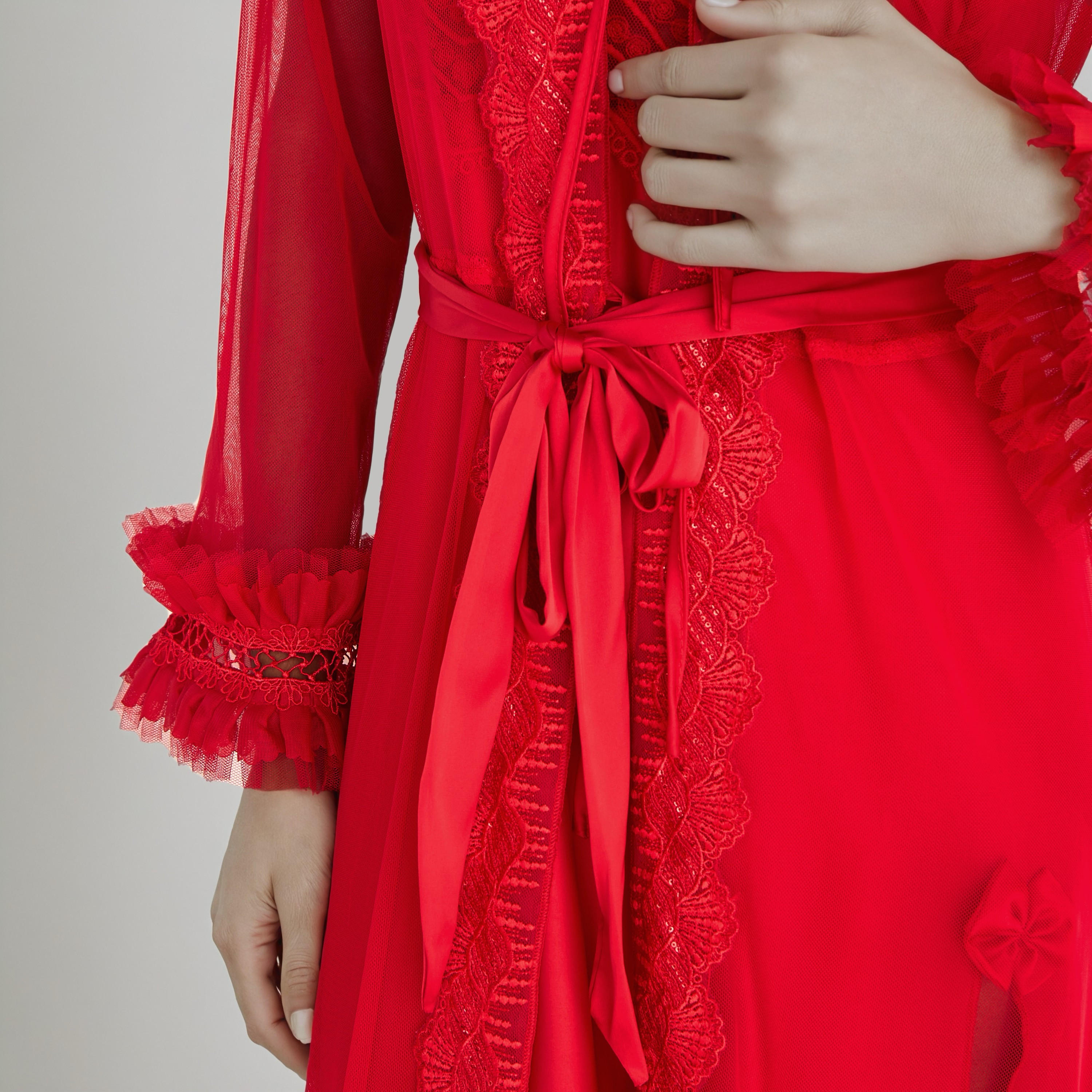 قميص نوم بقصة دانتيل للعرائس مع روب بحزام-women-clothing-nightwear-robes-image-4